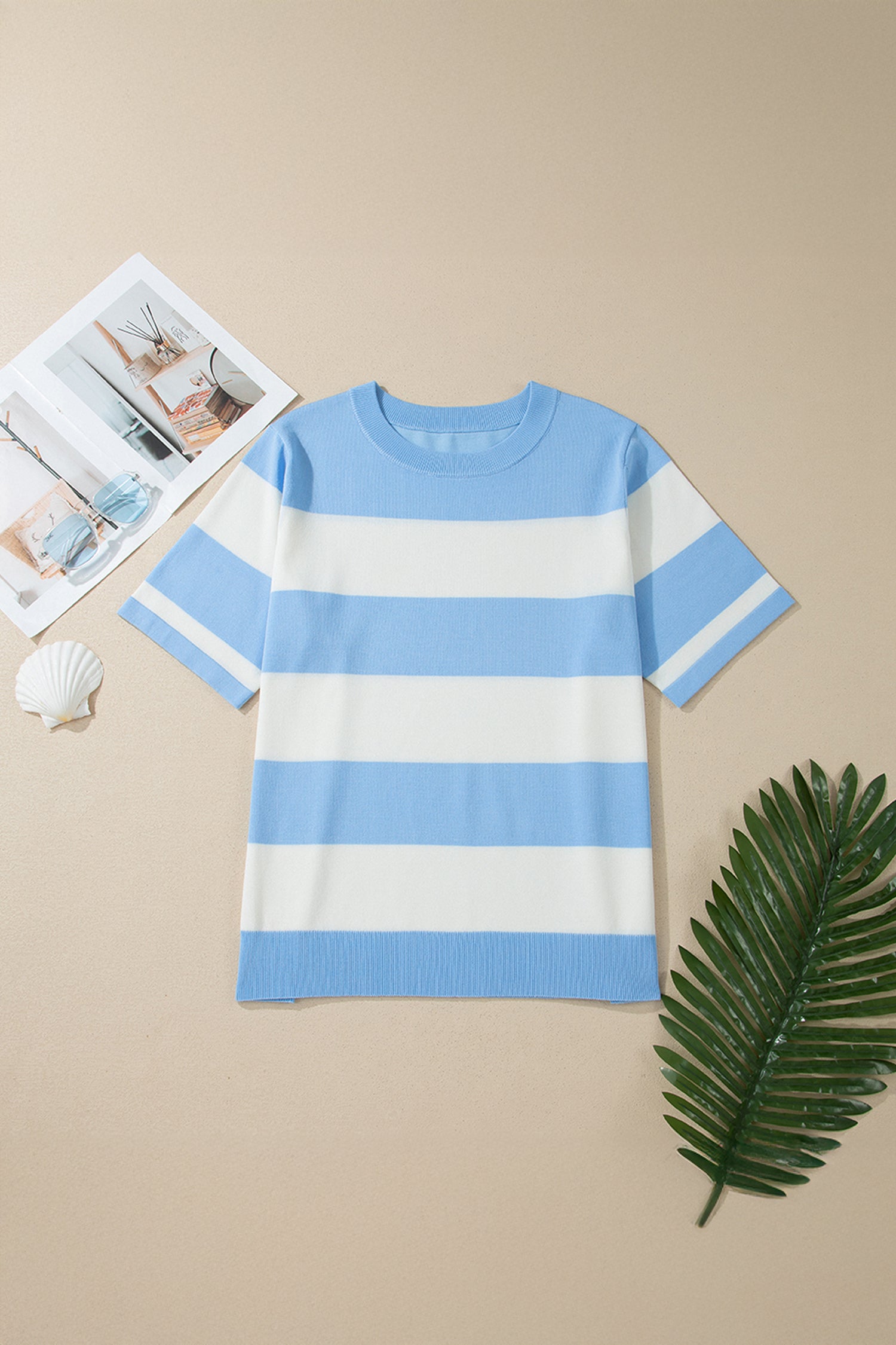 Sky Blue Stripe Colorblock Plus Size Short Sleeve Sweater