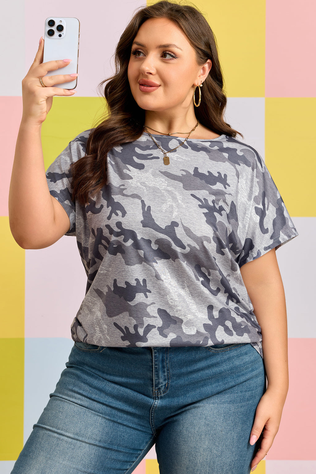 Gray Plus Size Camo Print Casual T Shirt