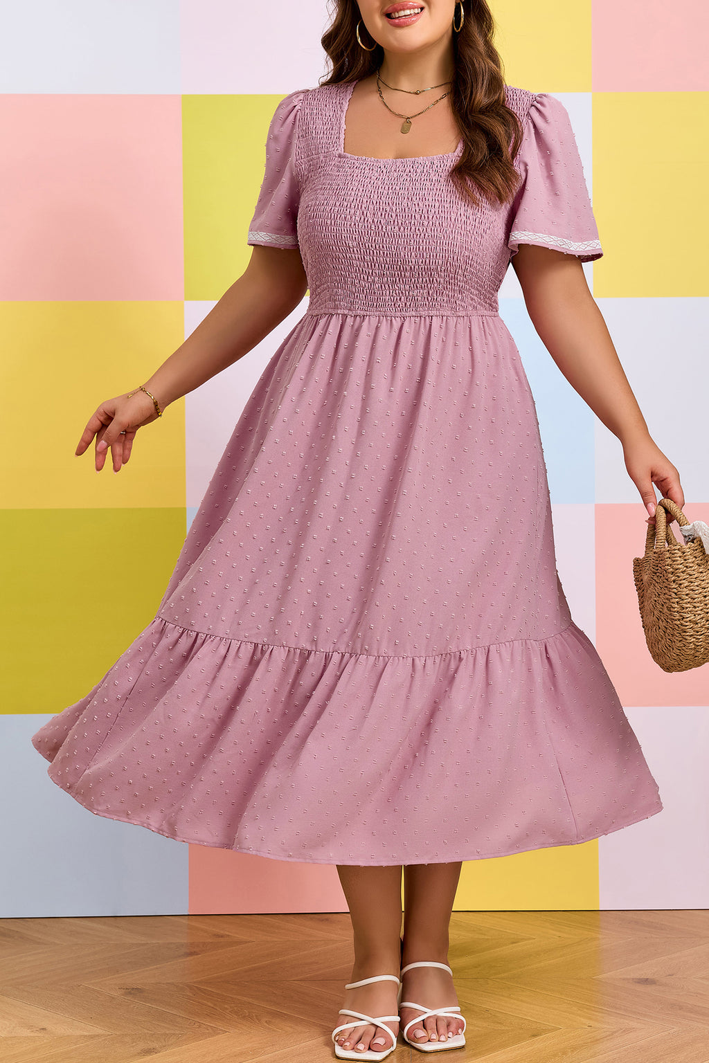 Pink Plus Size Swiss Dot Short Sleeve Smocked High Waist Flowy Midi Dress