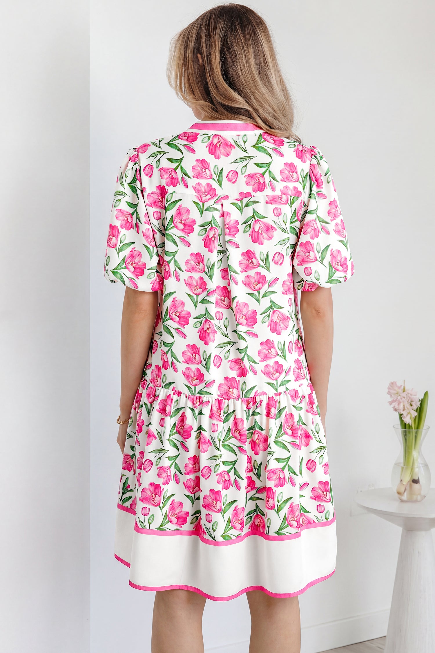 Multicolour Sweet Floral Print Striped Color Block Trim Short Dress