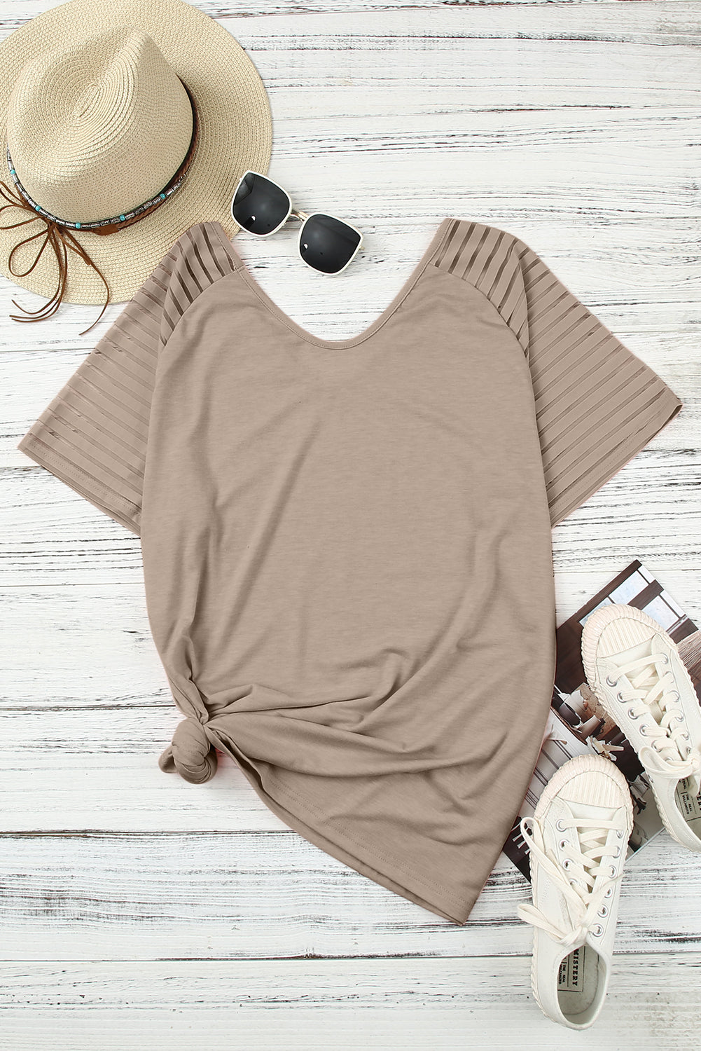 Khaki Striped Raglan Sleeve Plus Size Tee