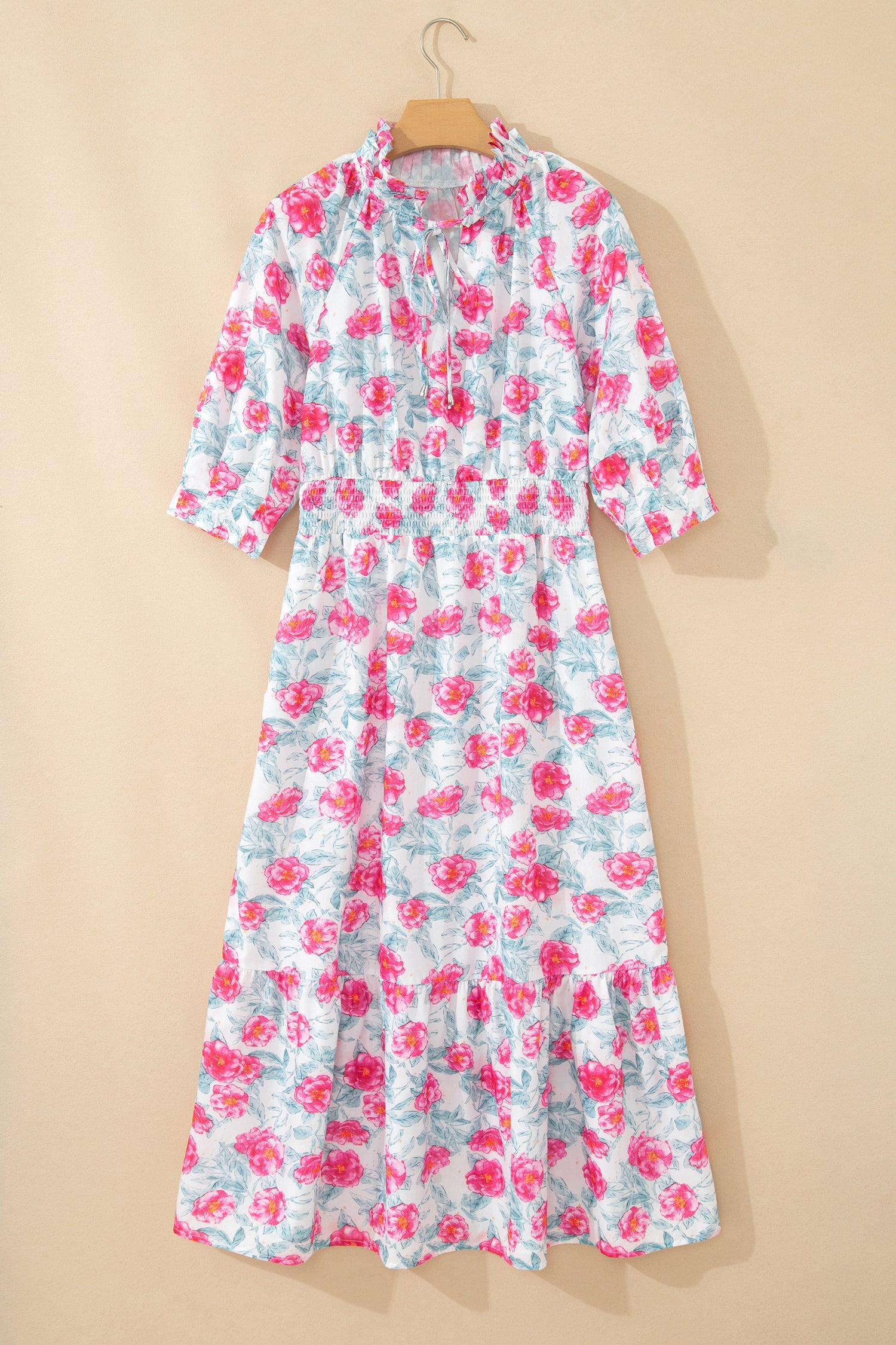 Red Elegant Floral Puff Sleeve Midi Dress