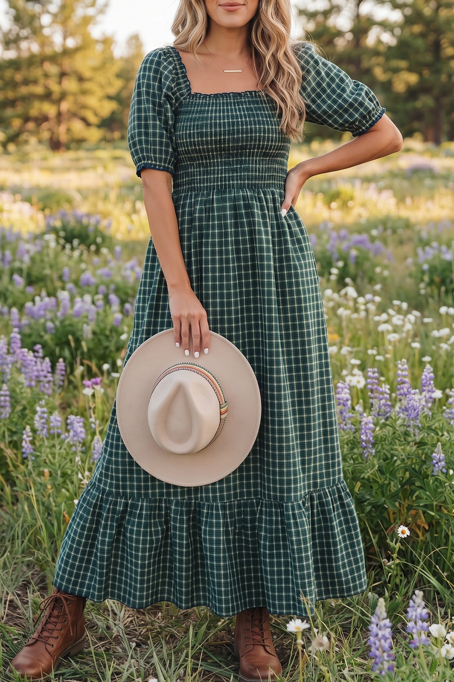 Green Plaid Square Neck Shirred High Waist Ruffle Hem Dress