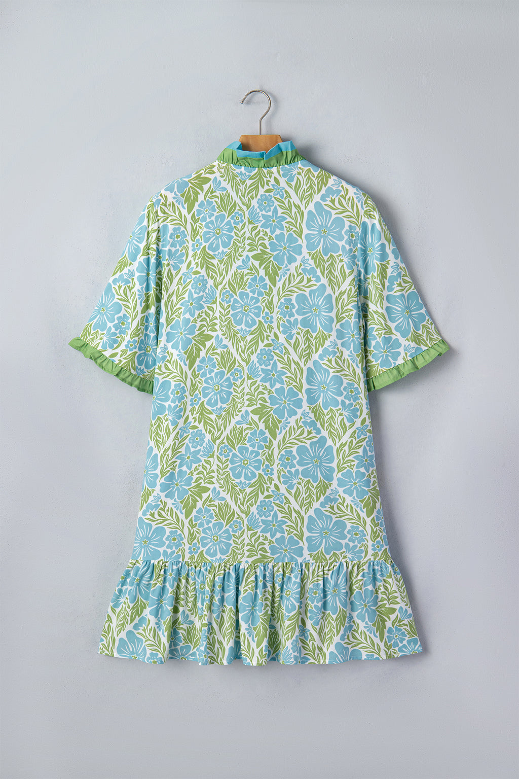 Sky Blue Botanical Floral Print Frilled Trim V Neck Button Front Loose Dress