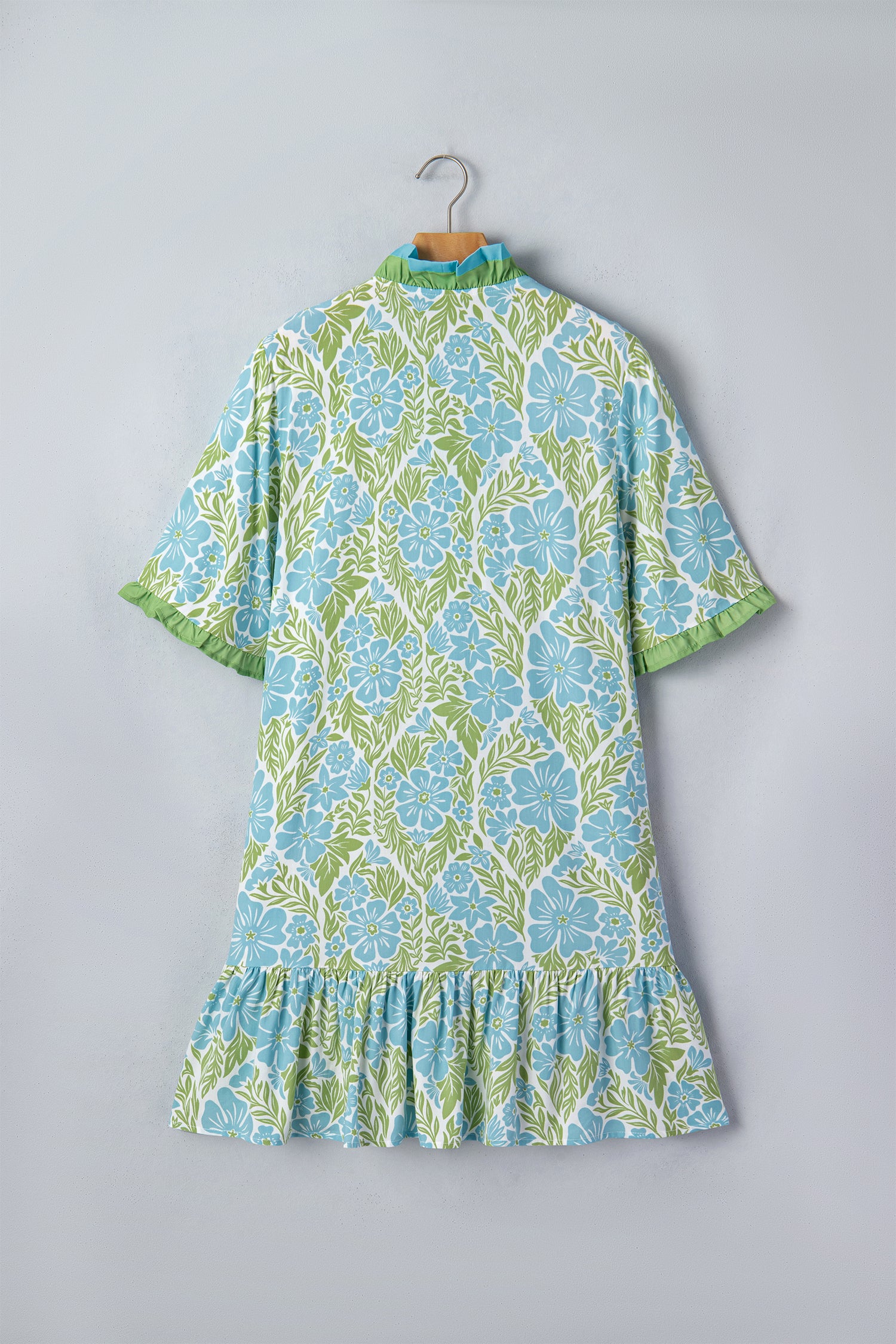 Sky Blue Botanical Floral Print Frilled Trim V Neck Button Front Loose Dress