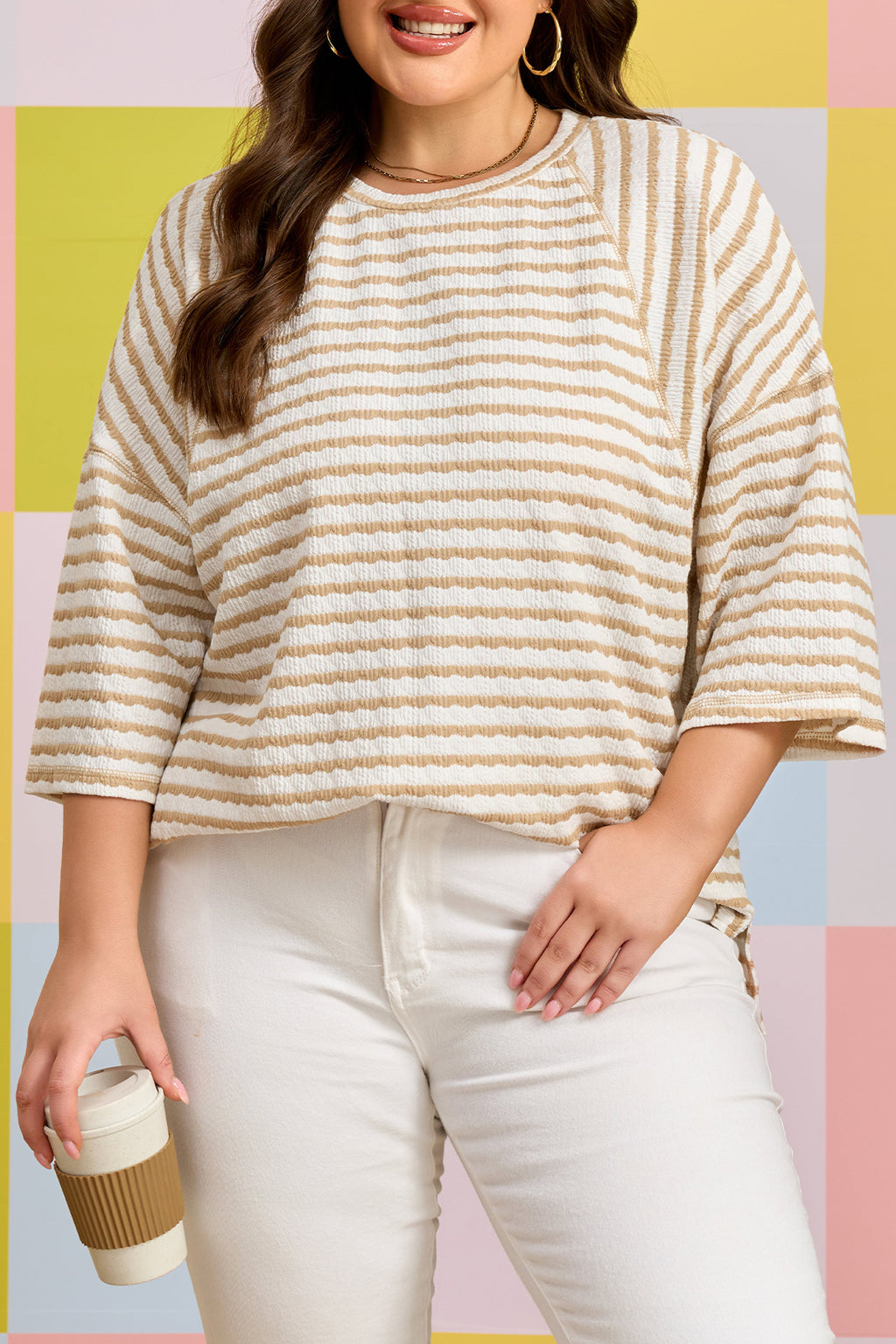 Apricot Stripe Plus Size Textured Patchwork Detail Half Sleeve Top