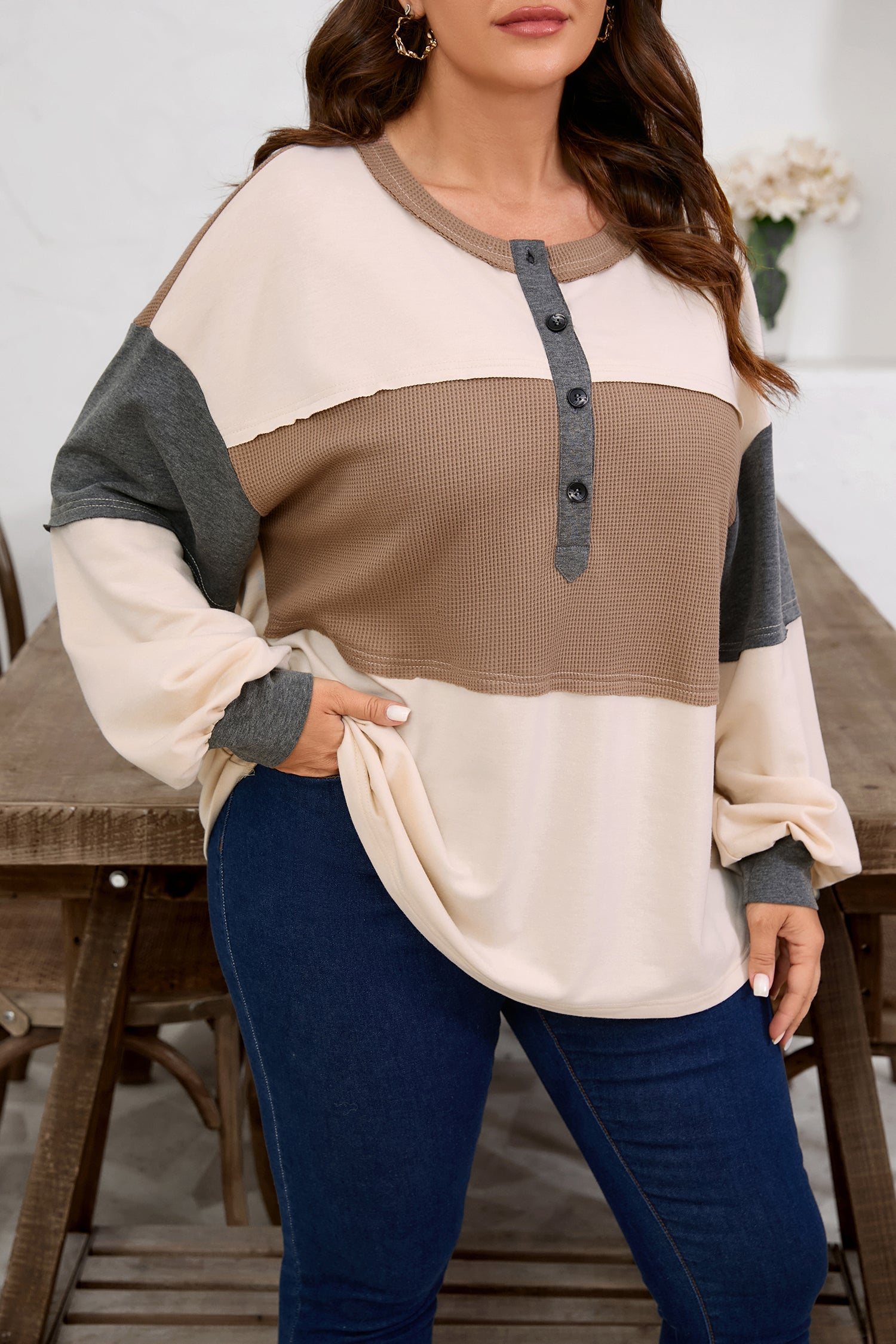 Jet Stream Waffle Patchwork Colorblock Half Buttons Casual Plus Size Knit Jumper