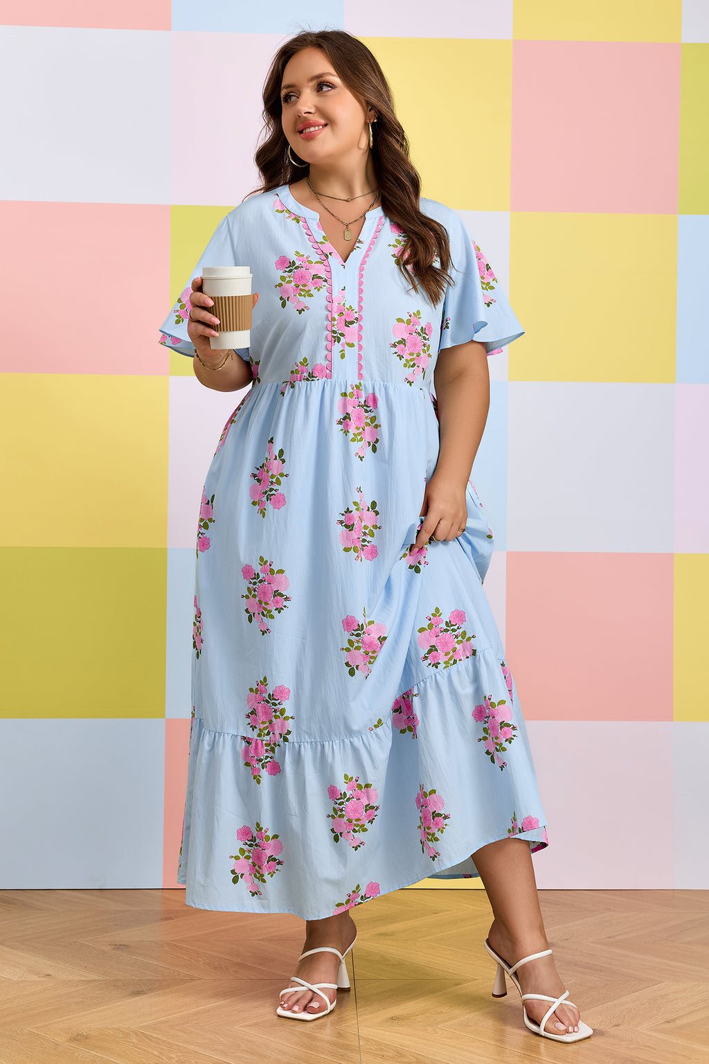 Sky Blue Plus Size Floral Print Scalloped Trim V-Neck Dress