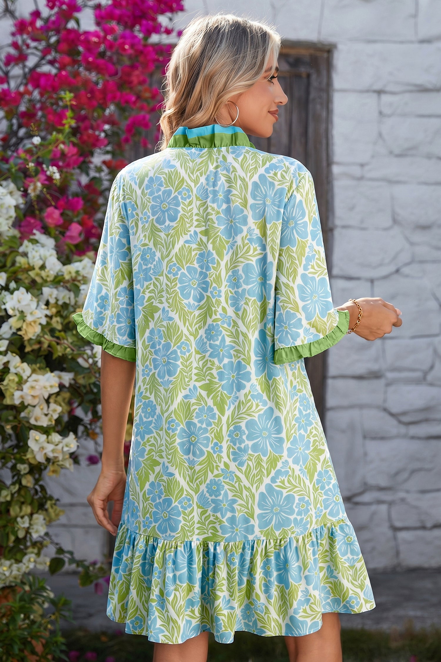 Sky Blue Botanical Floral Print Frilled Trim V Neck Button Front Loose Dress
