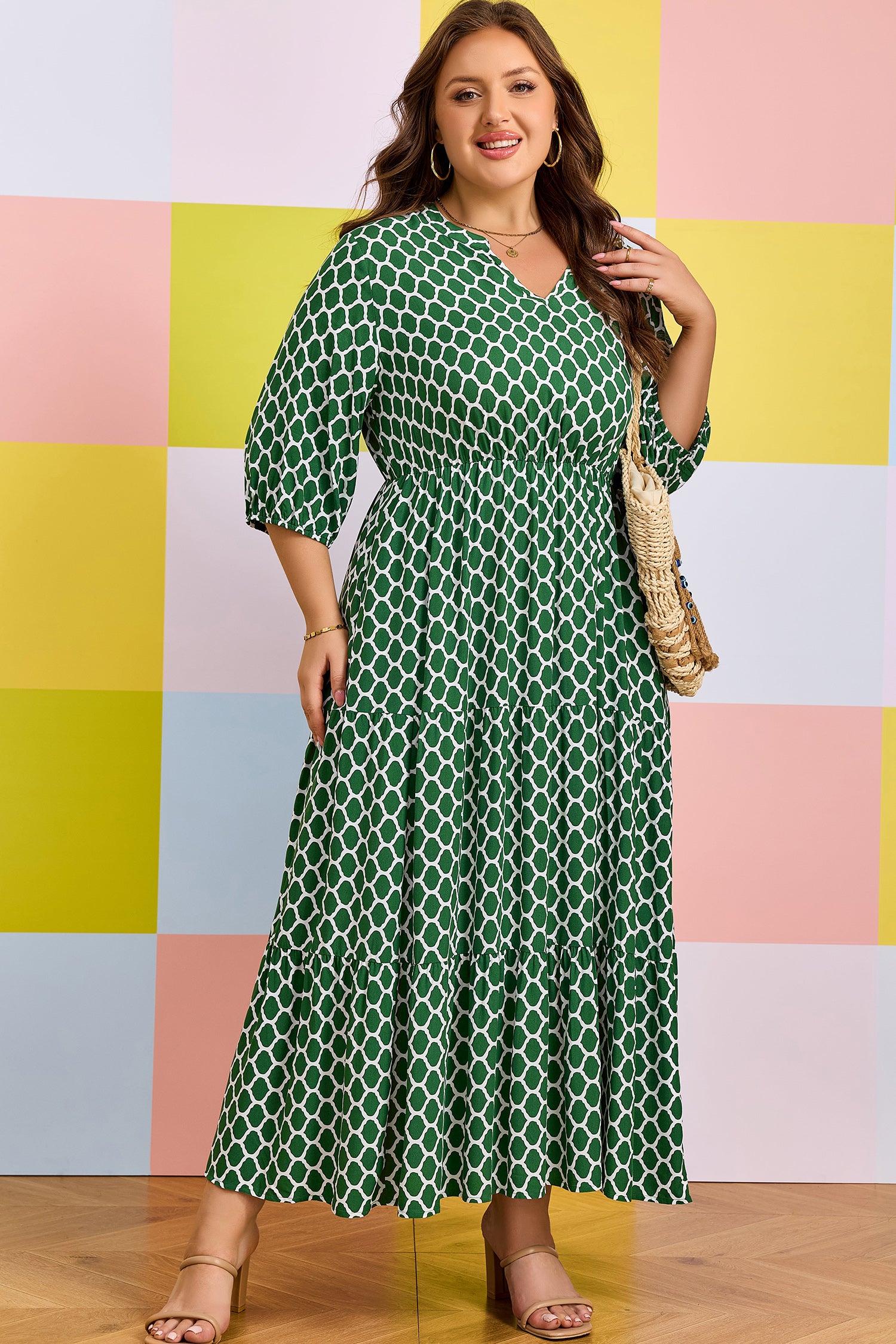 Green Plus Size Geometric Print Pocketed Ruffle Hem Casual Dress