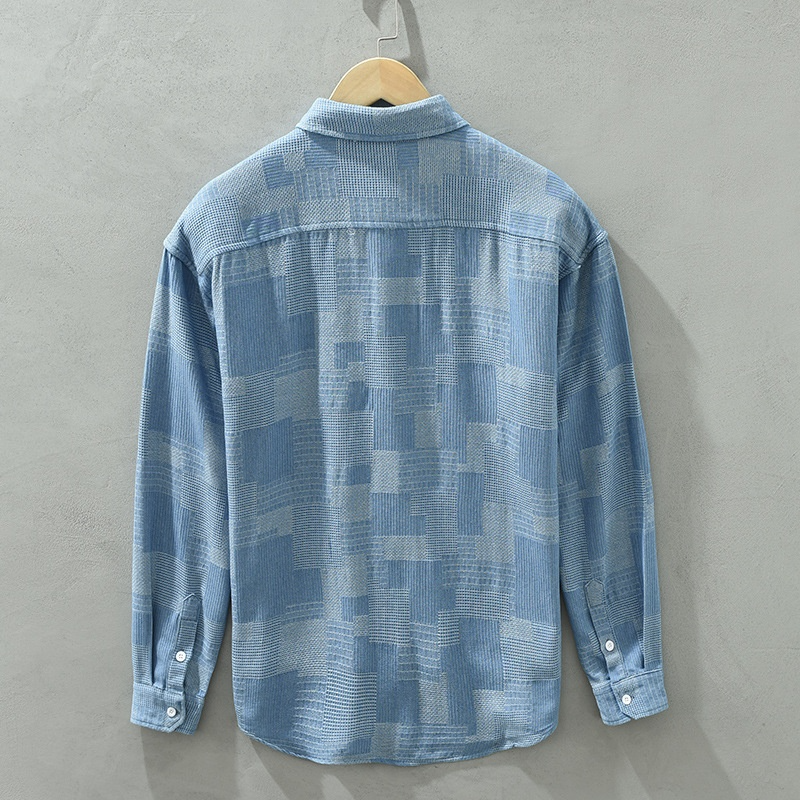 Camisa de vestir informal de manga larga de mezclilla con combinación de colores de jacquard para hombre