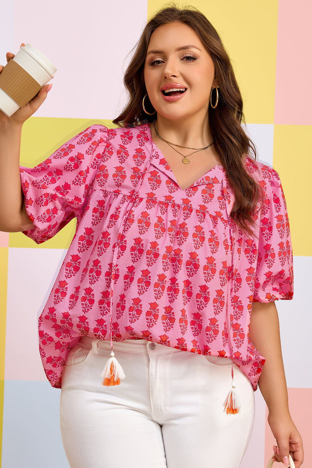 Pink Plus Size Floral Print Tassel Tie Puff Sleeve Cotton Blouse