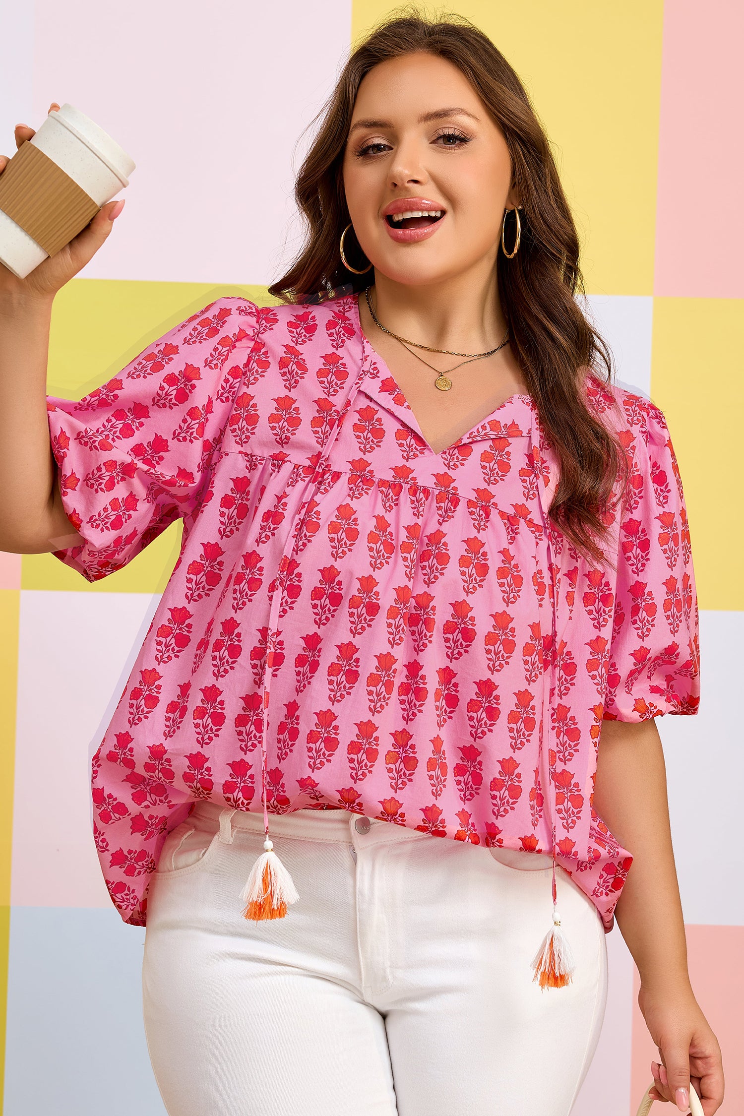 Pink Plus Size Floral Print Tassel Tie Puff Sleeve Cotton Blouse