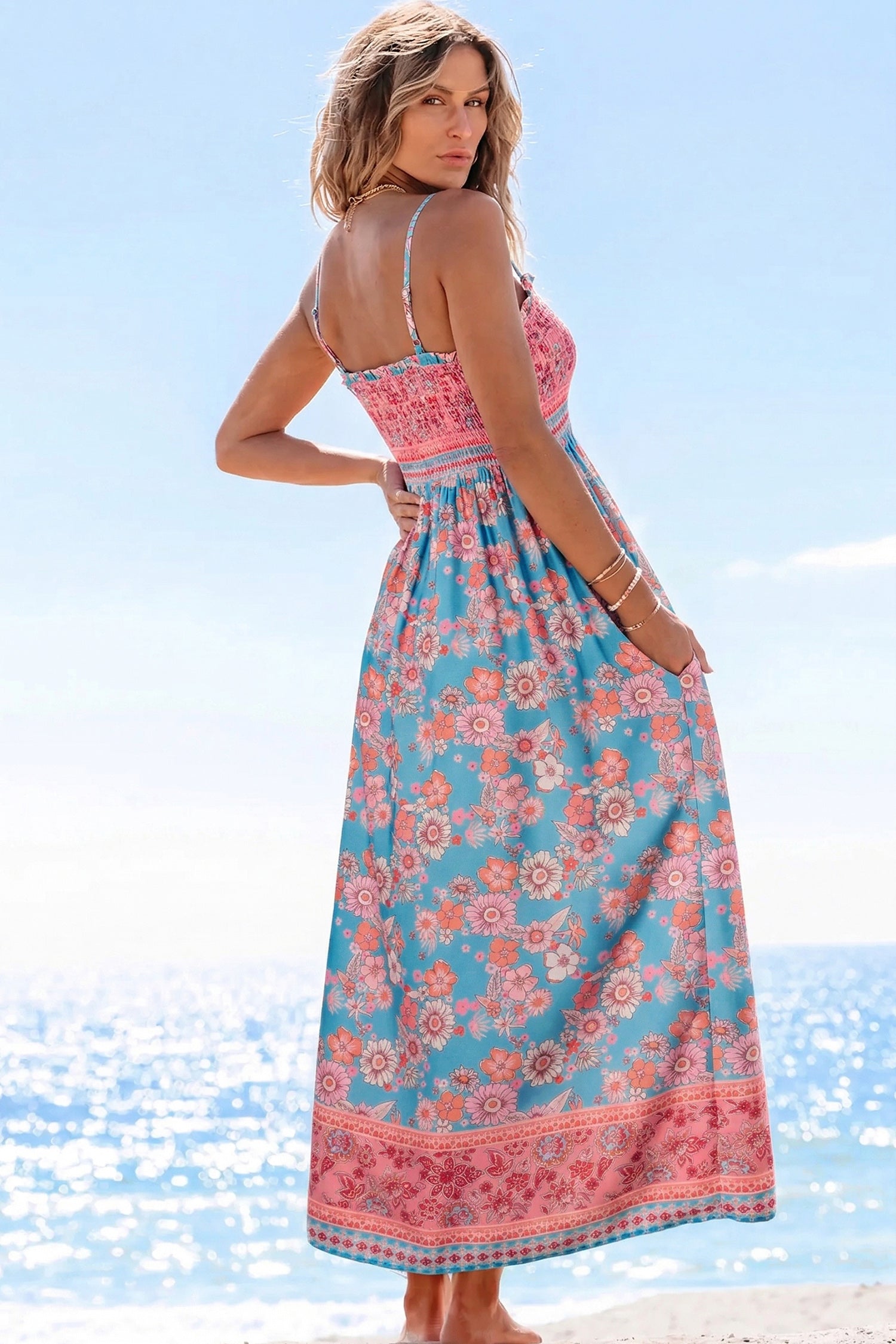 Sky Blue Bohemian Ethnic Print Spaghetti Straps Vacation Maxi Dress