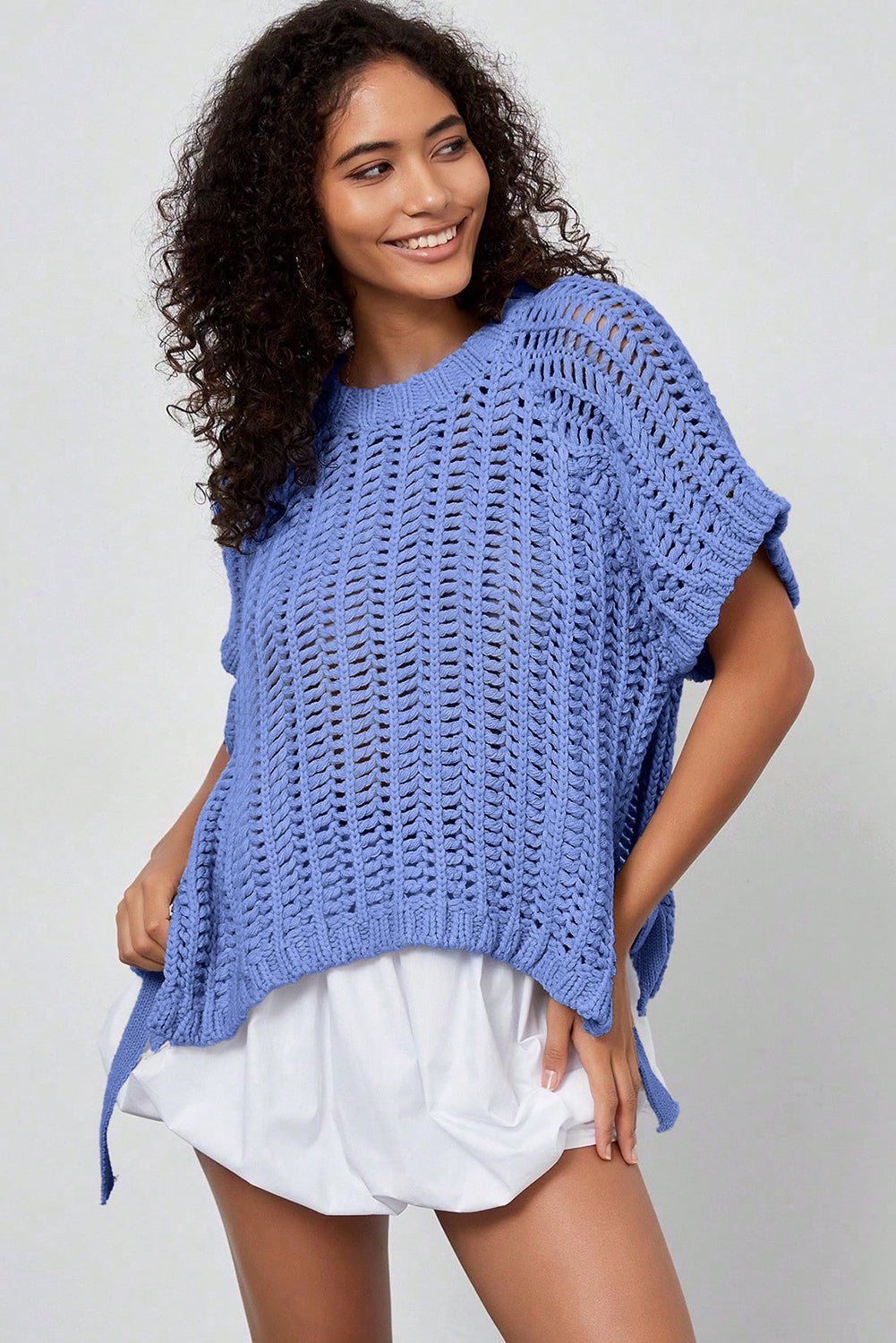 Pink Plus Size Open Knit Bow Tie Short Sleeve Sweater