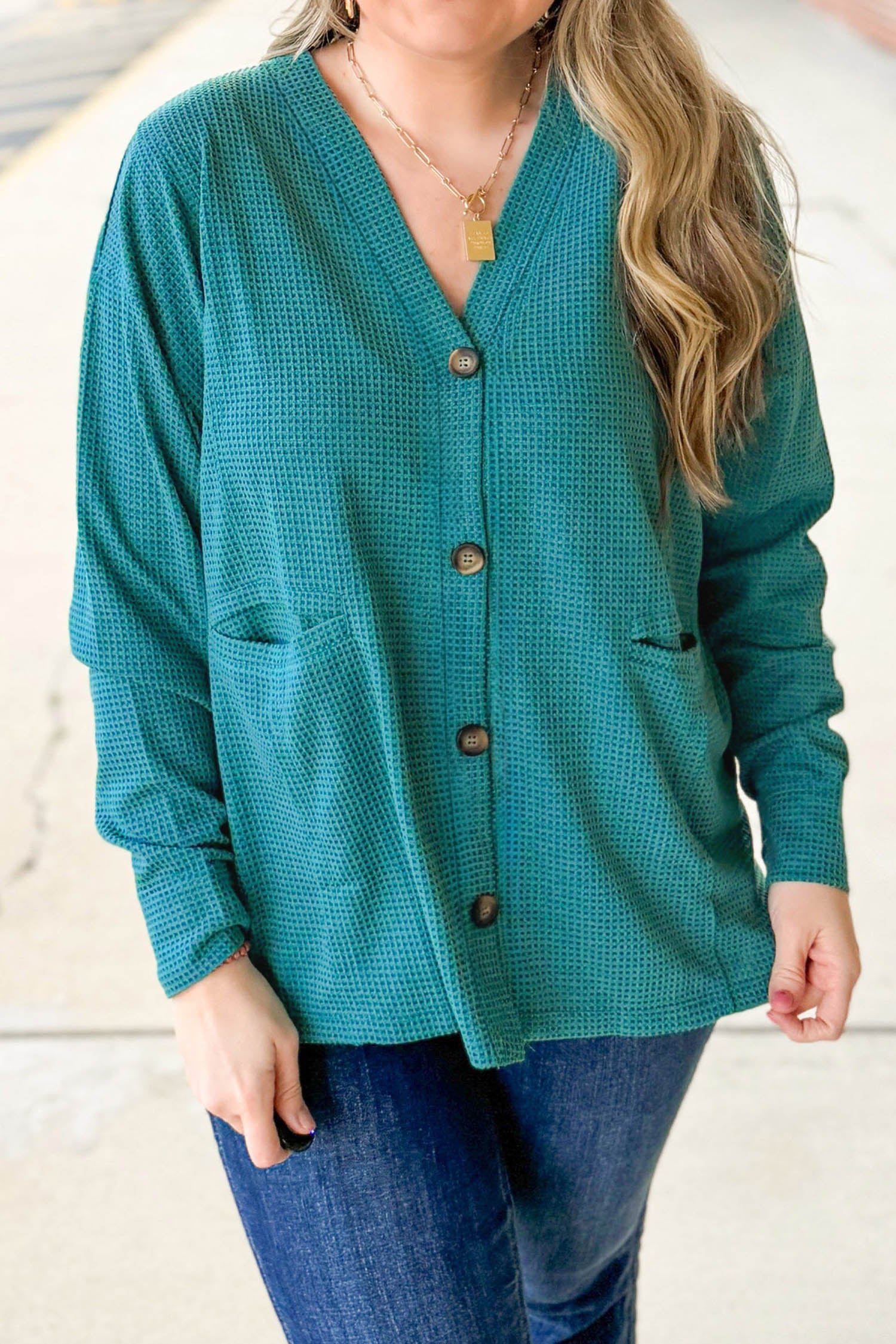 Lapis V Neck Waffle Textured Button Front Tunic Long Sleeve Plus Size Cardigan