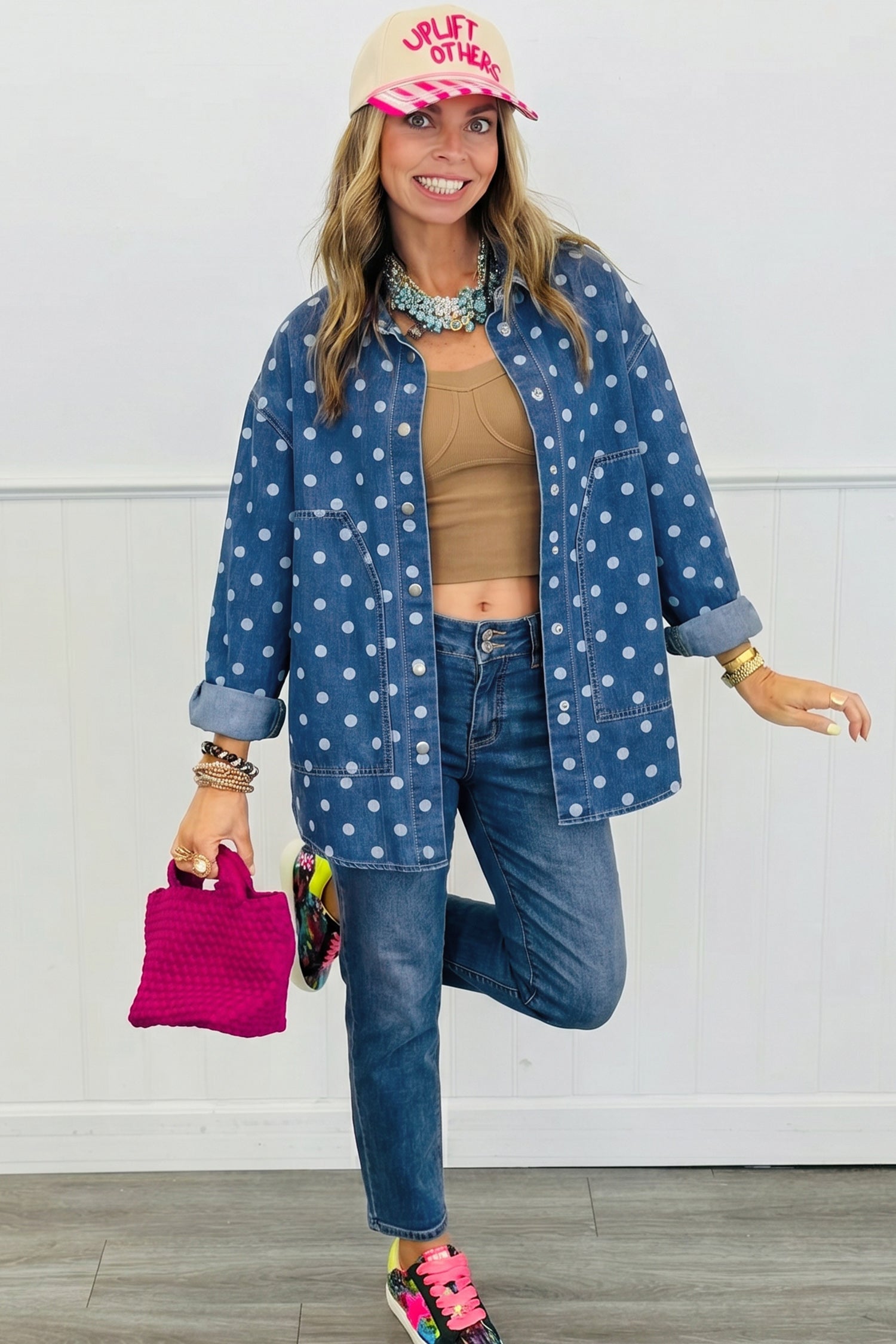 Blue Polka Dot Long Sleeve Collar Shift Tunic Denim Jacket