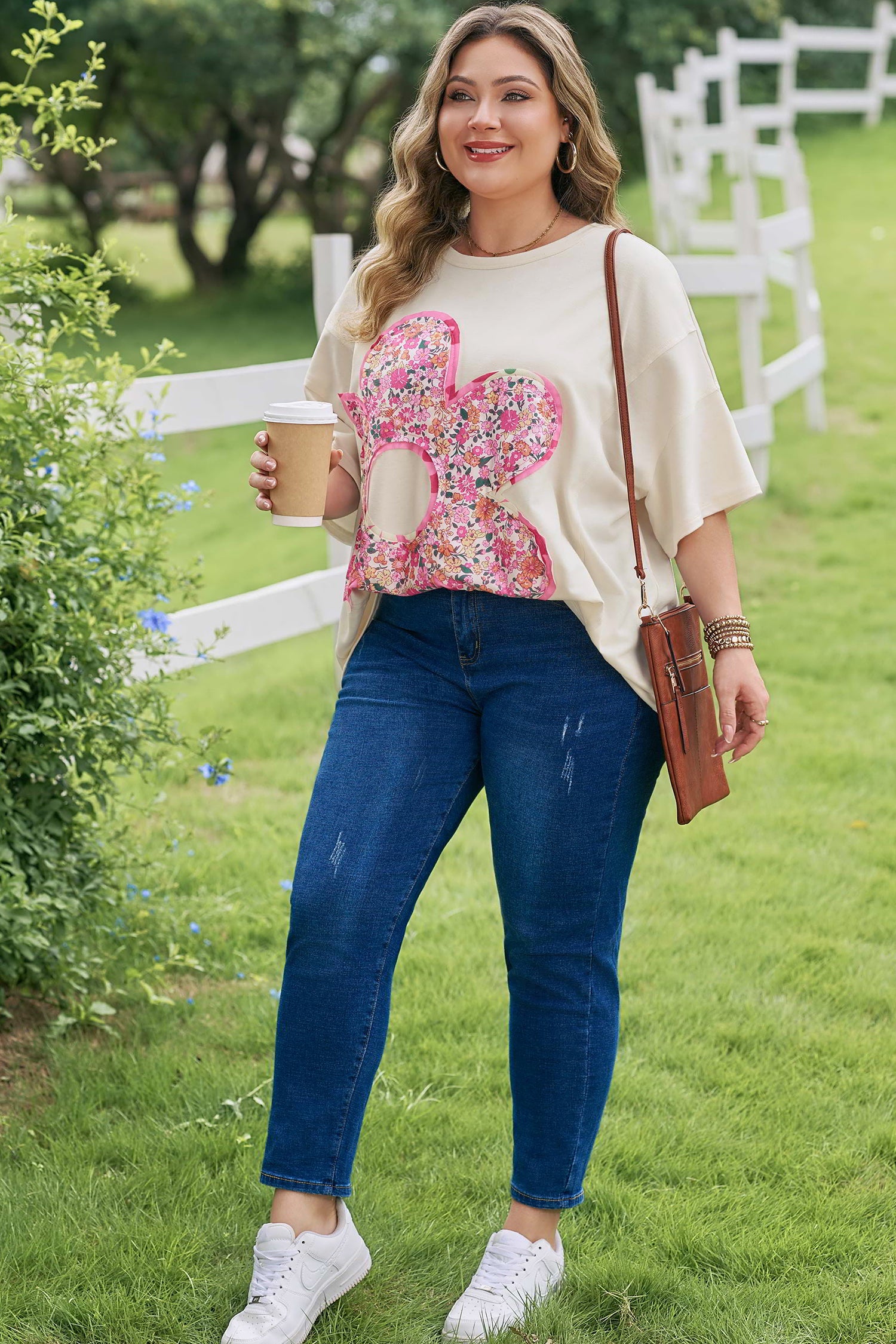 Jet Stream Big Flower Patched Plus Size Tunic T-Shirt