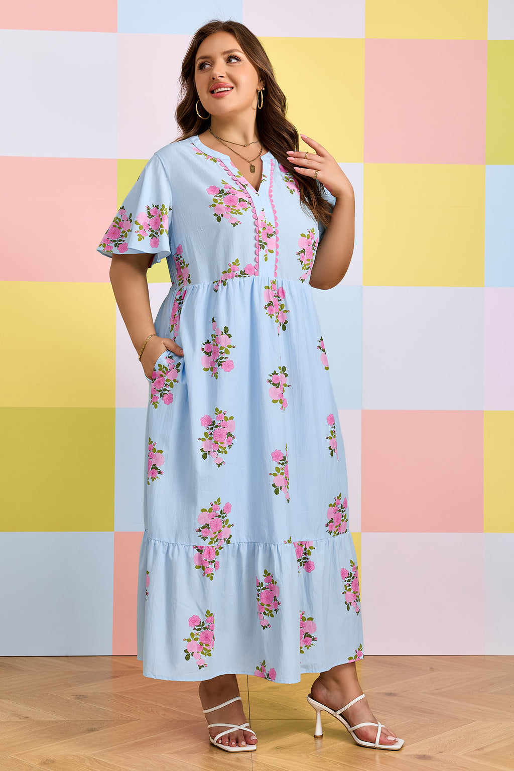 Sky Blue Plus Size Floral Print Scalloped Trim V-Neck Dress