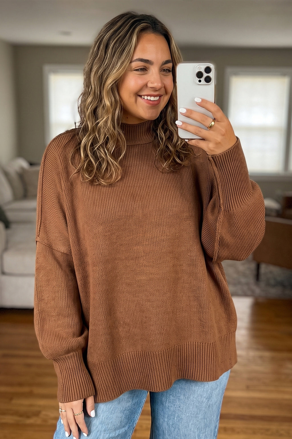 Chestnut Oversized Ribbed Knit Long Sleeve Tunic Plus Size Sweater