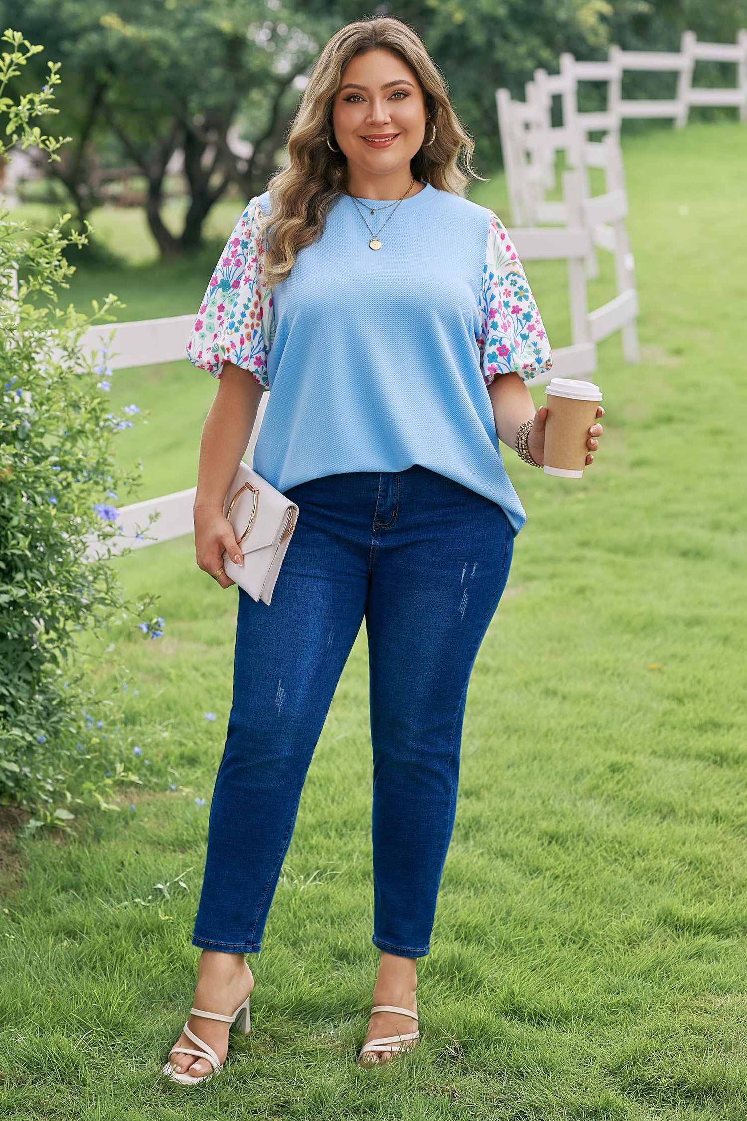 Light Blue Textured Bodice Contrast Floral Sleeve Plus Size Top