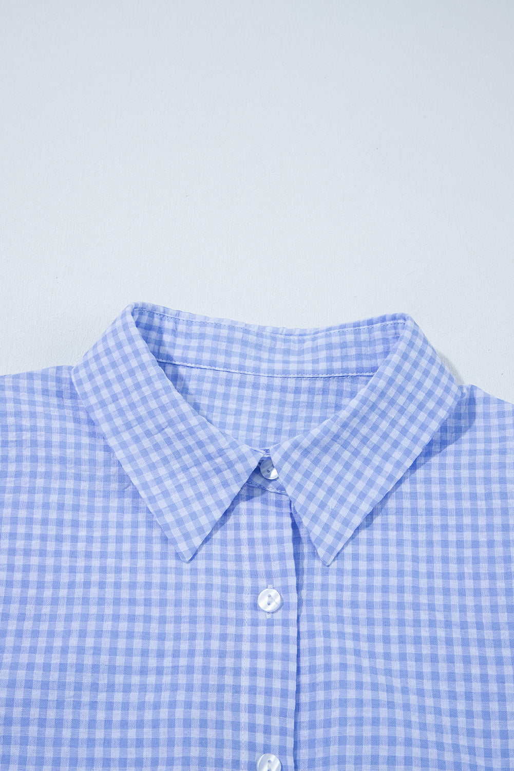 Light Blue Gingham Short Puff Sleeve Button Up Shirt