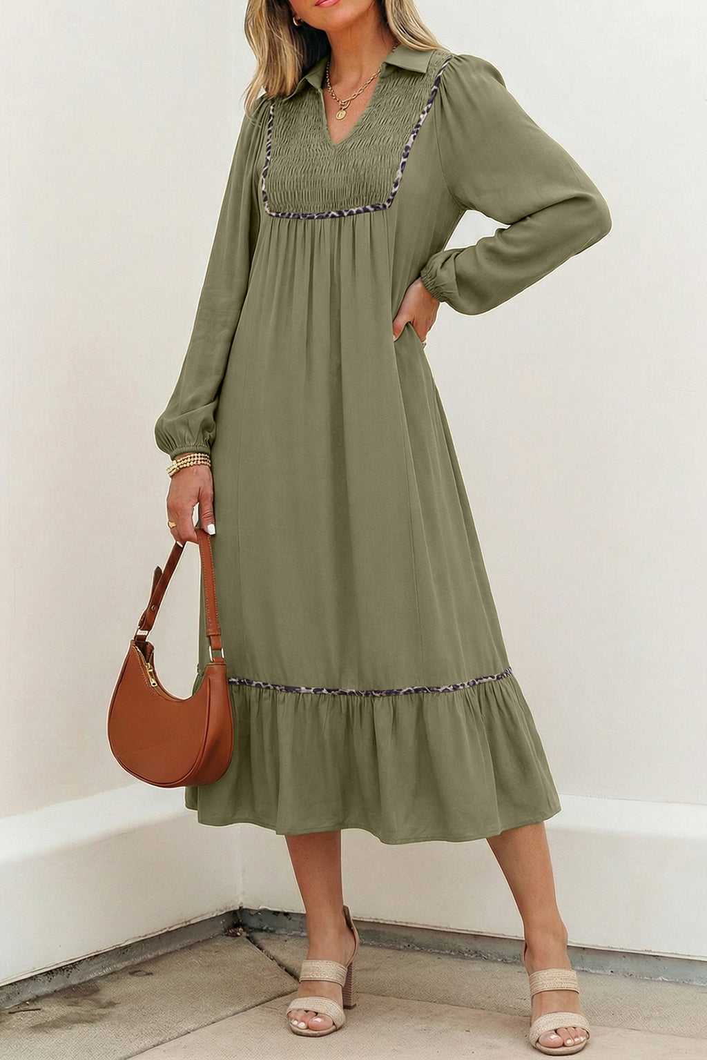Black Collared V Neck Smocked Detail Contrast Leopard Trim Bracelet Sleeve Long Dress