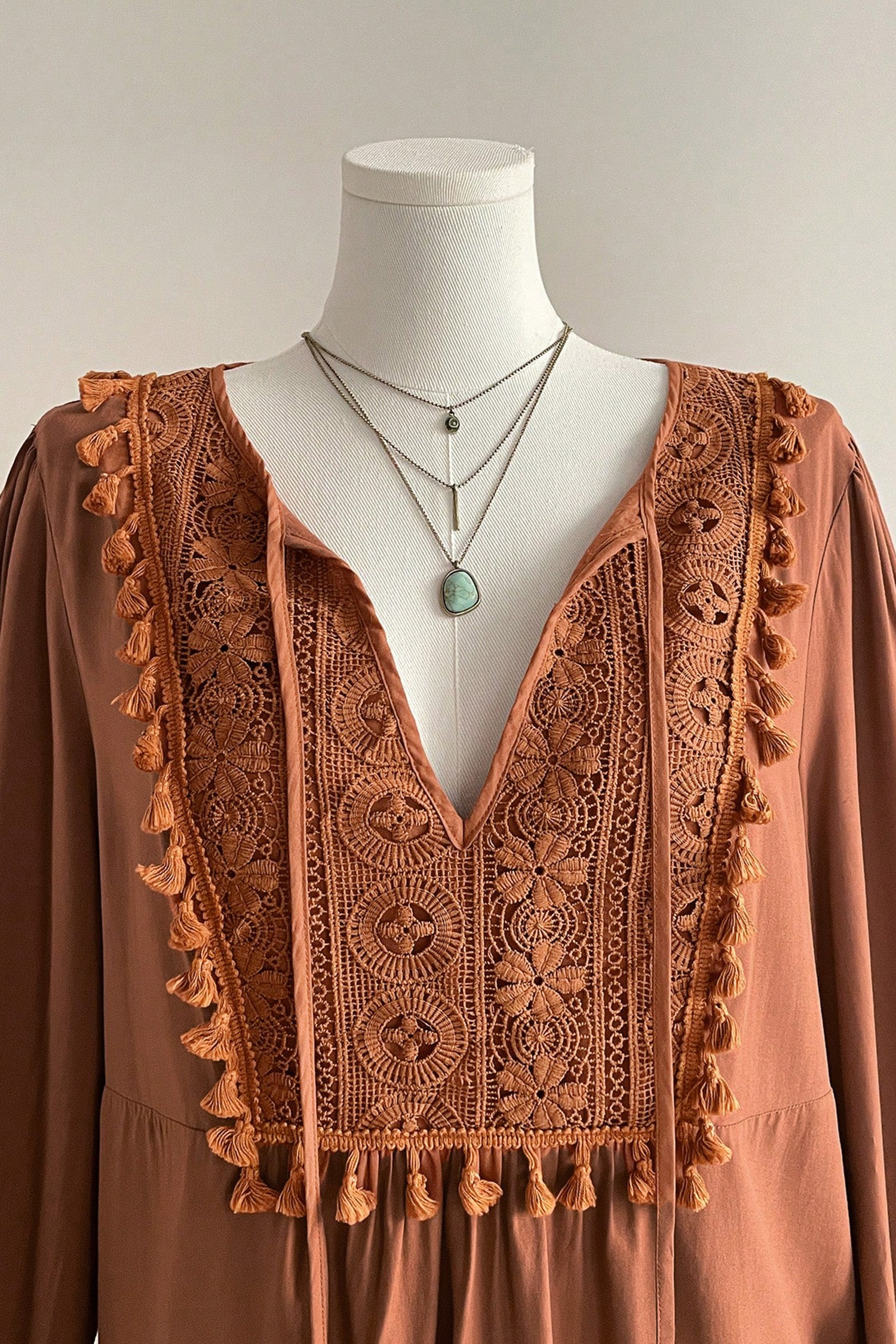 Chestnut Boho V Neck Embroidered Tassel Long Sleeve Plus Size Blouse