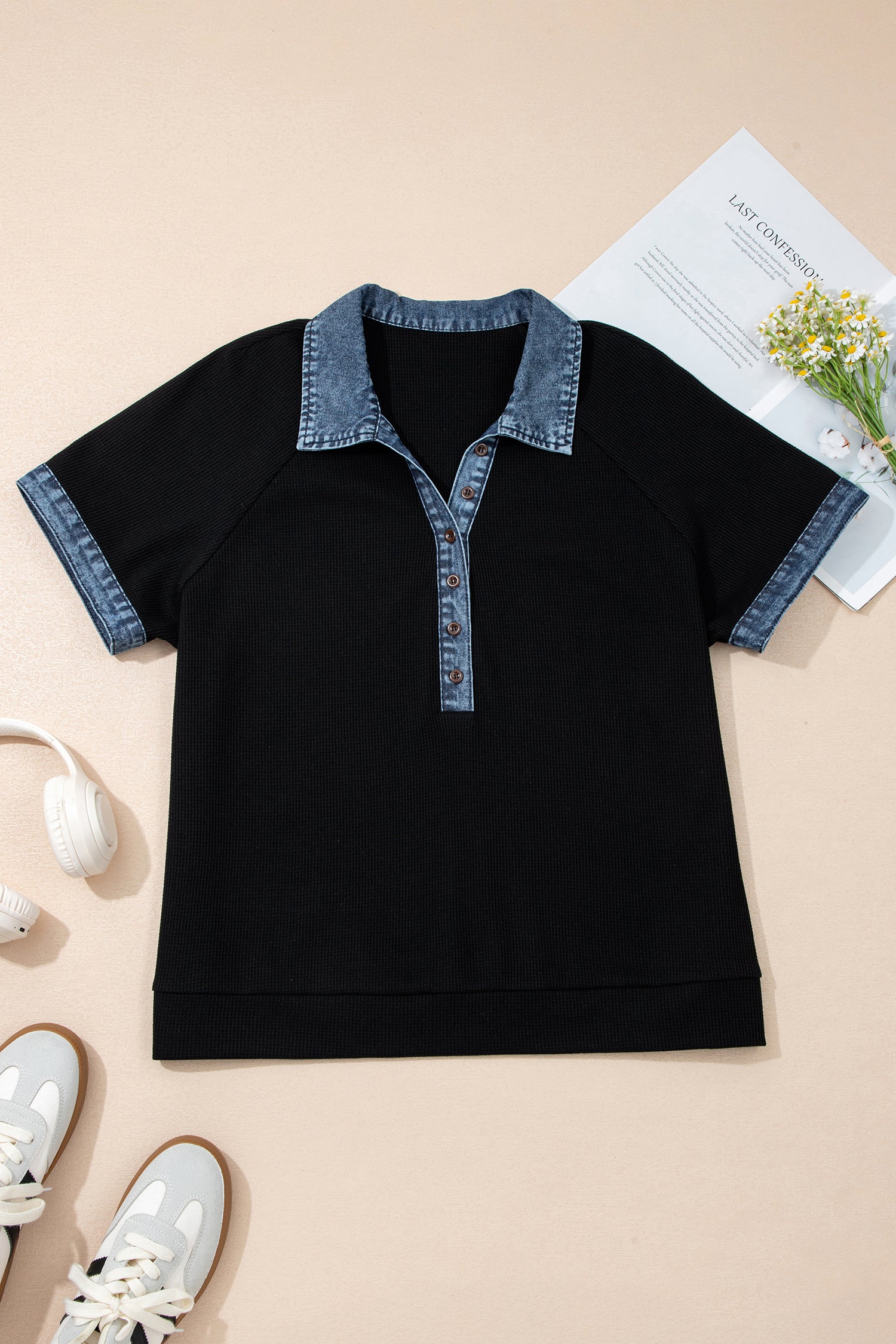 Black Plus Size Textured Contrast Denim Patchwork Button Polo Tee