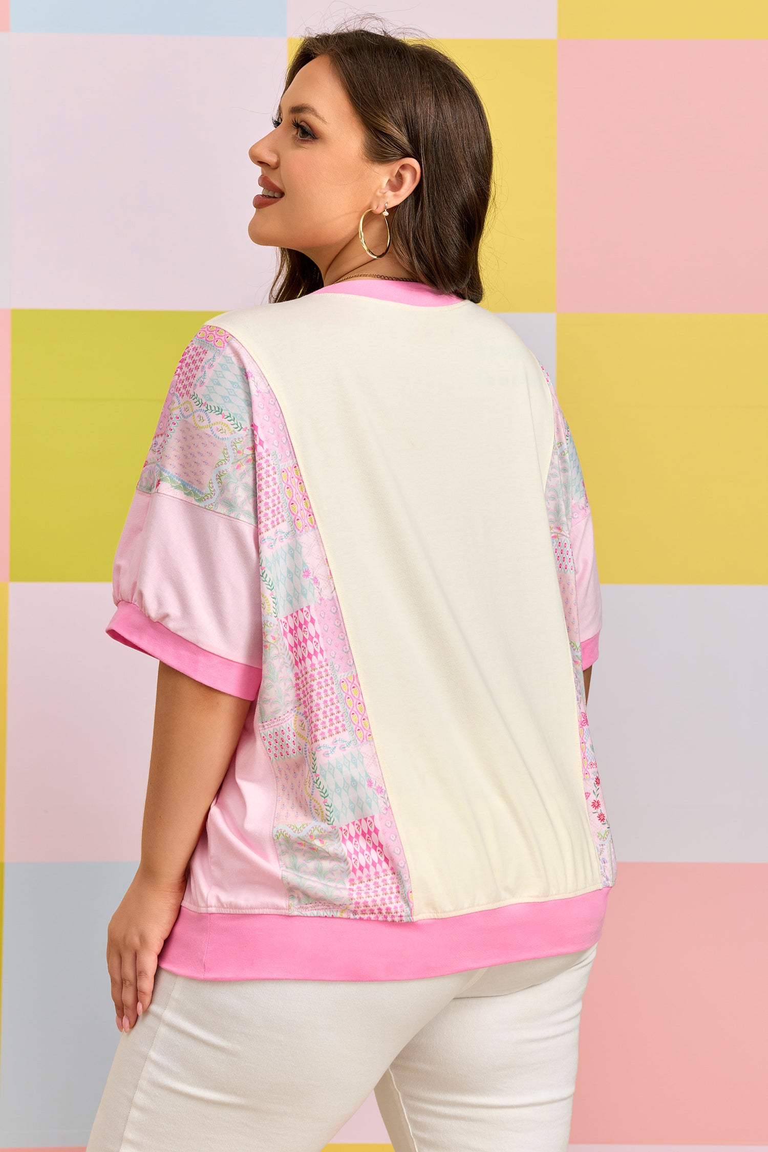 Beige Plus Size Floral Patchwork Short Sleeve Patch Embroidery Cotton T Shirt