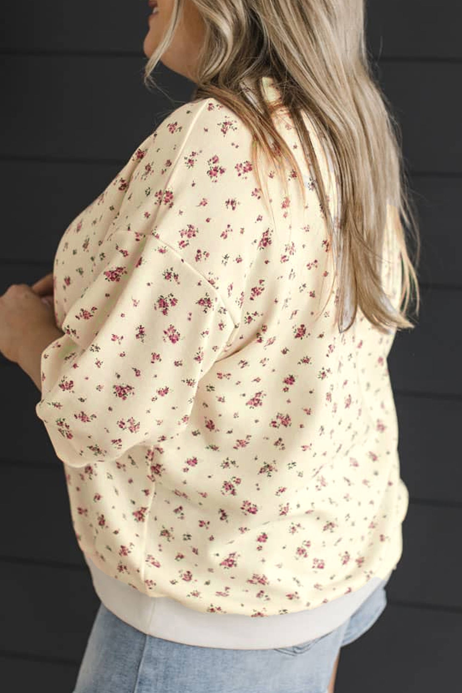 Beige Floral Print Colorblock Cuffs Hem Plus Size Blouse