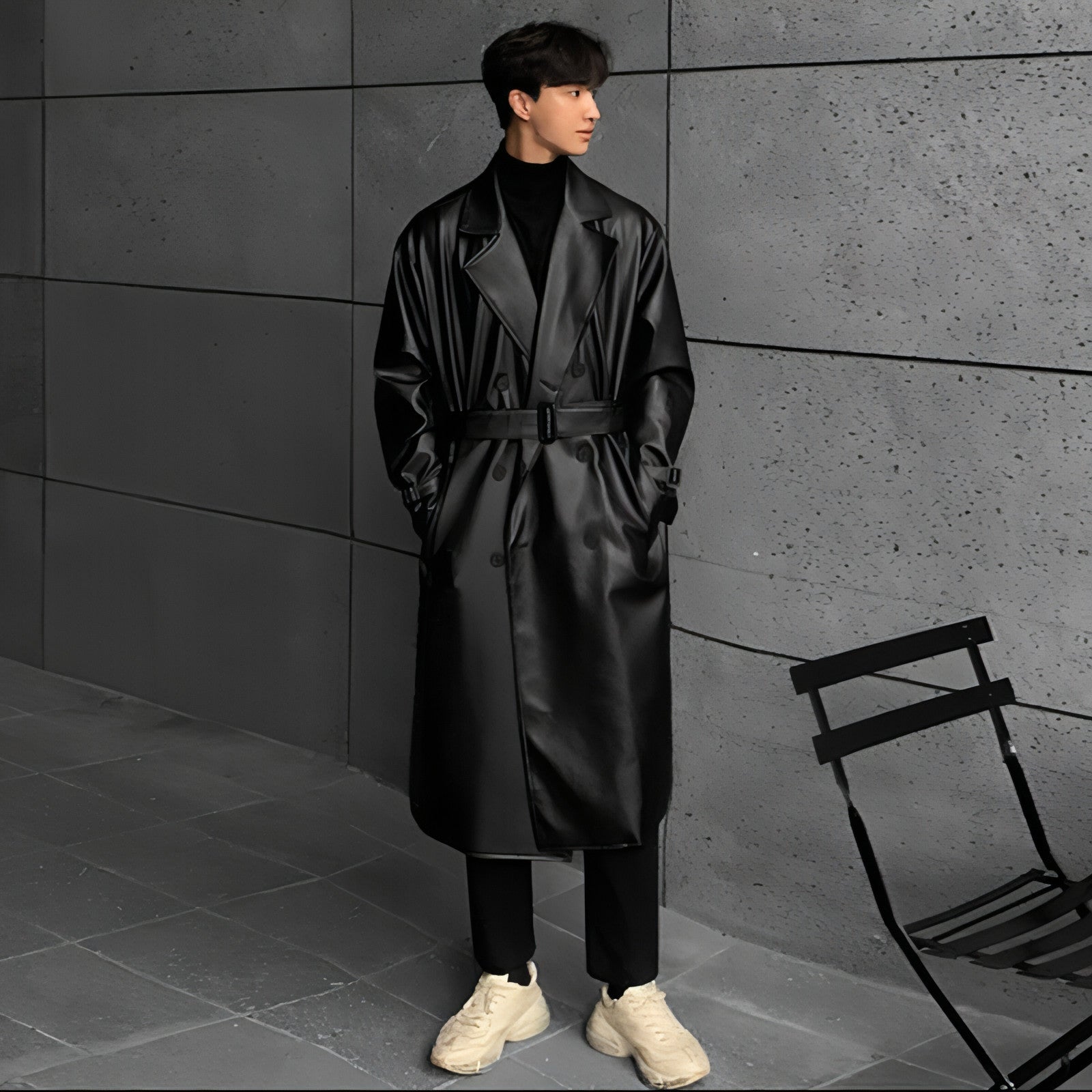 Gabardina de cuero cruzada de largo medio para hombre
