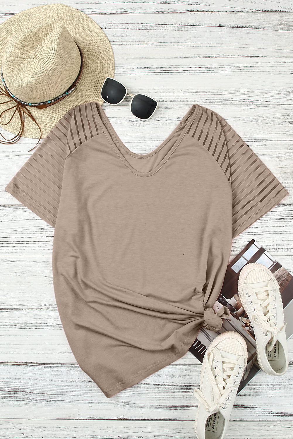 Khaki Striped Raglan Sleeve Plus Size Tee