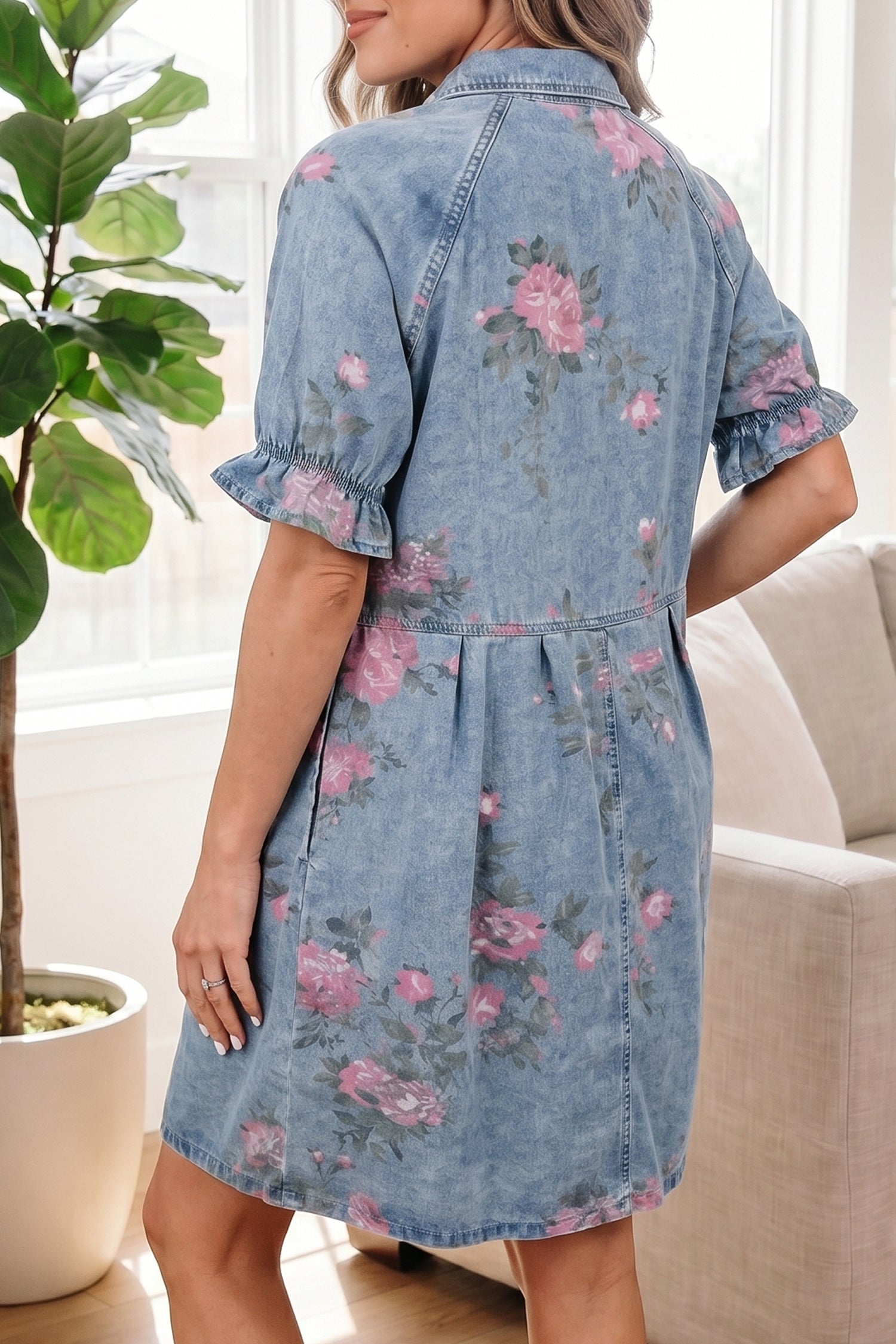 Sky Blue Floral Print Denim Short Sleeve Button Down Dress