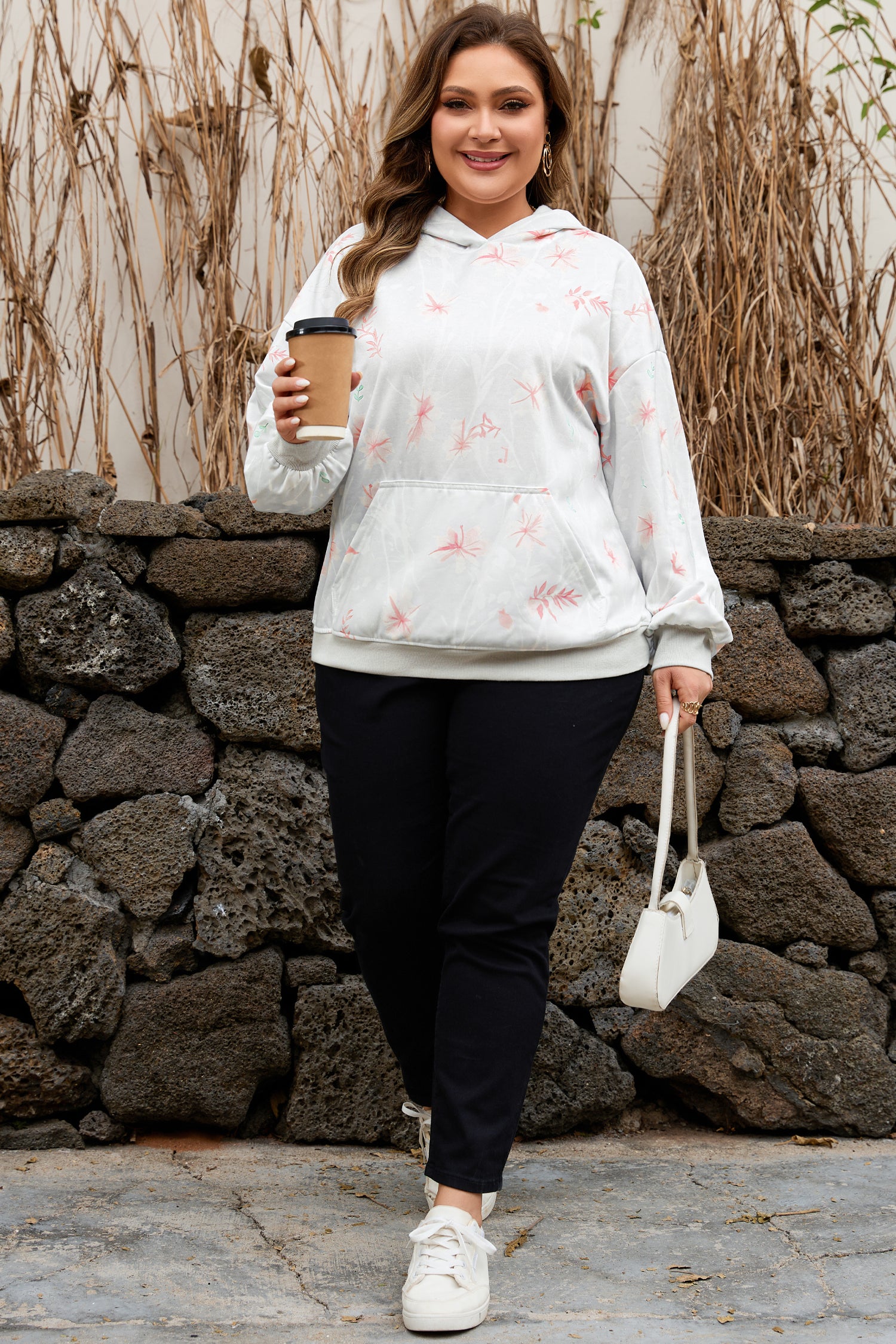 Gray Floral Print Plus Size Loose Hoodie