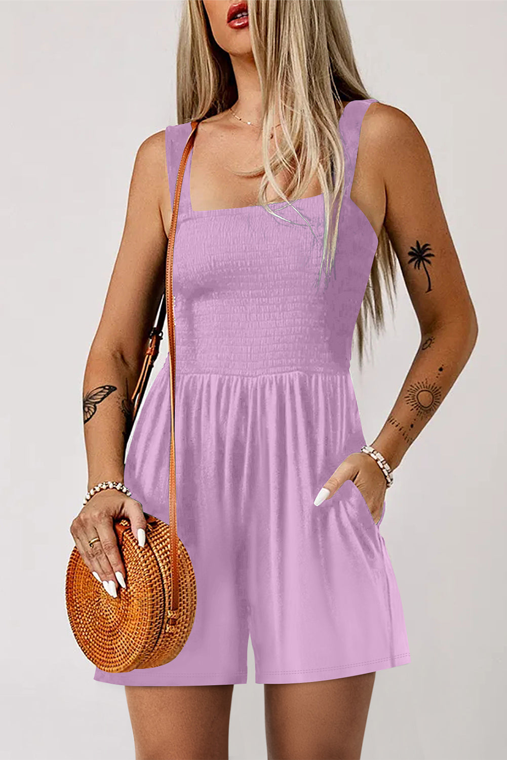 Green Casual Pocketed Smocked Sleeveless Romper