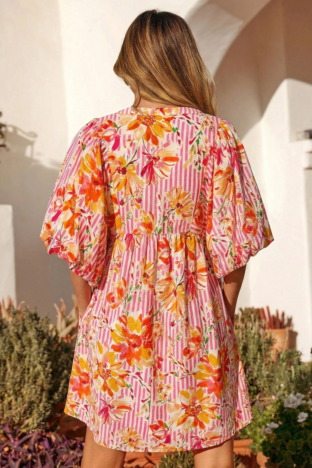 Pink Striped Floral Print Tie Neck Puff Sleeve Loose Mini Dress