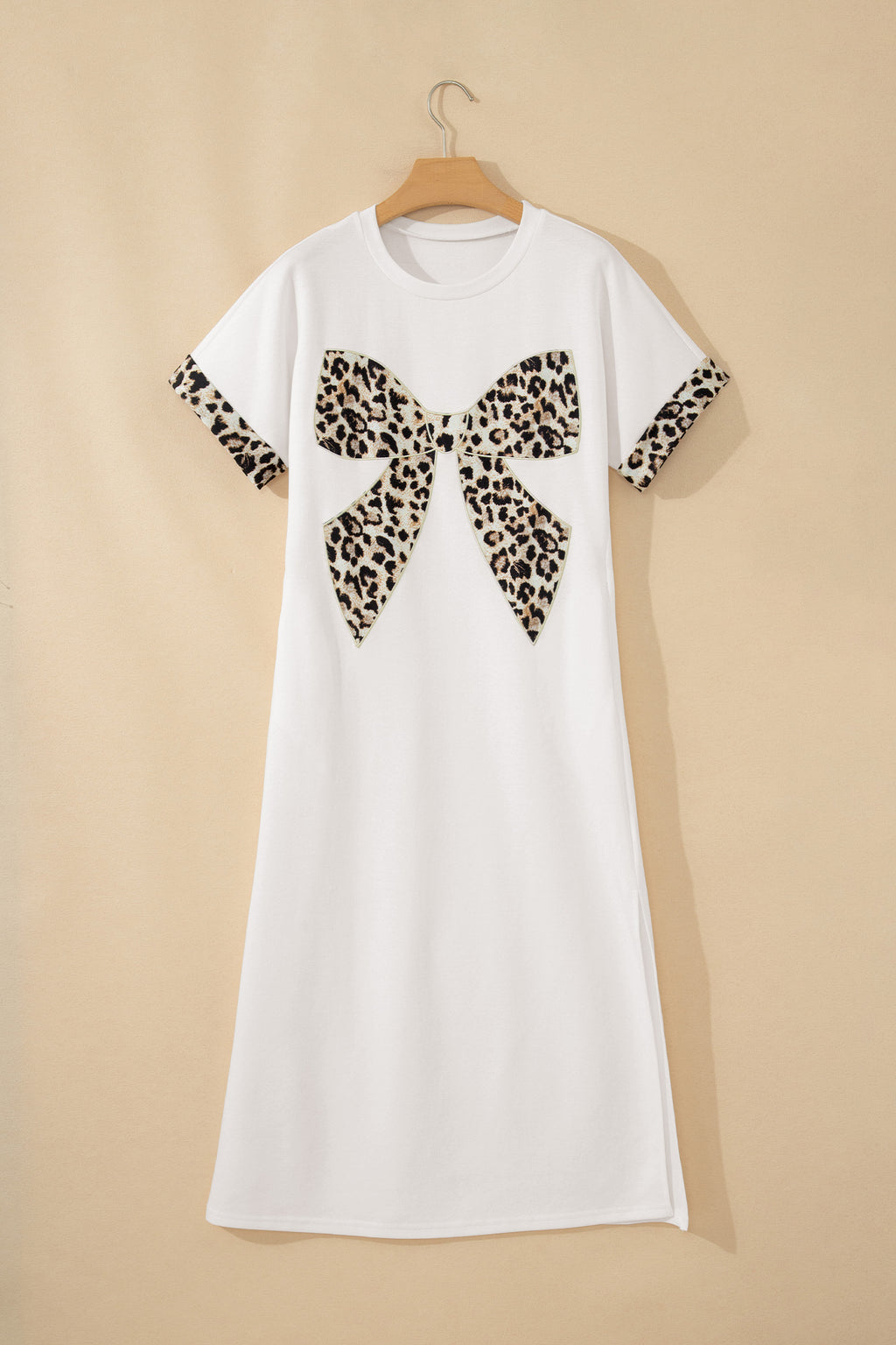 Dark Grey Contrast Leopard Bow Patched Short Sleeve T Shirt Long Dress