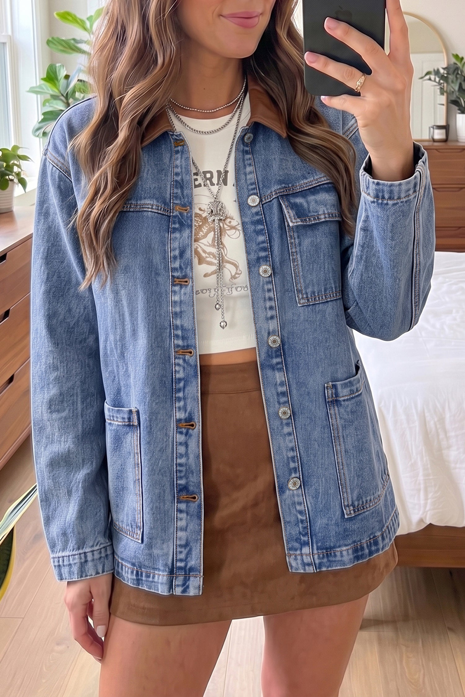 Sky Blue Patchwork Leather Collar Long Sleeve Denim Jacket