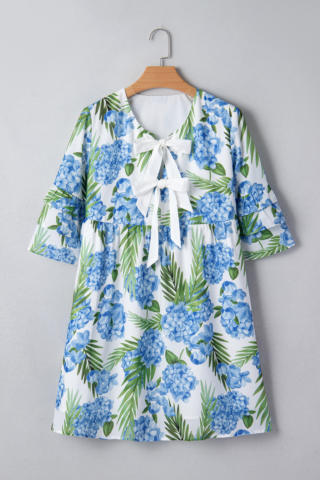 Sky Blue Palm Floral Print Contrast Ribbon Knot Ruffle Tiered Sleeve Mini Dress