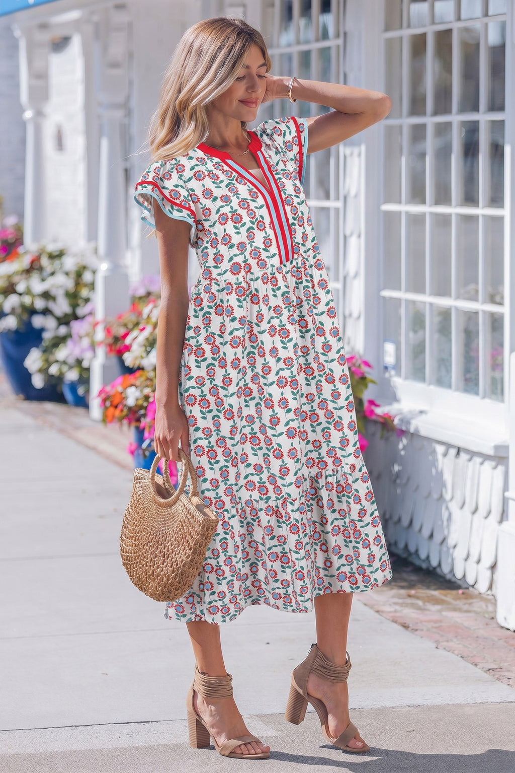 Sky Blue Cute Sunflower Printed Striped Patchwork Trim Flutter Sleeve Long Dress