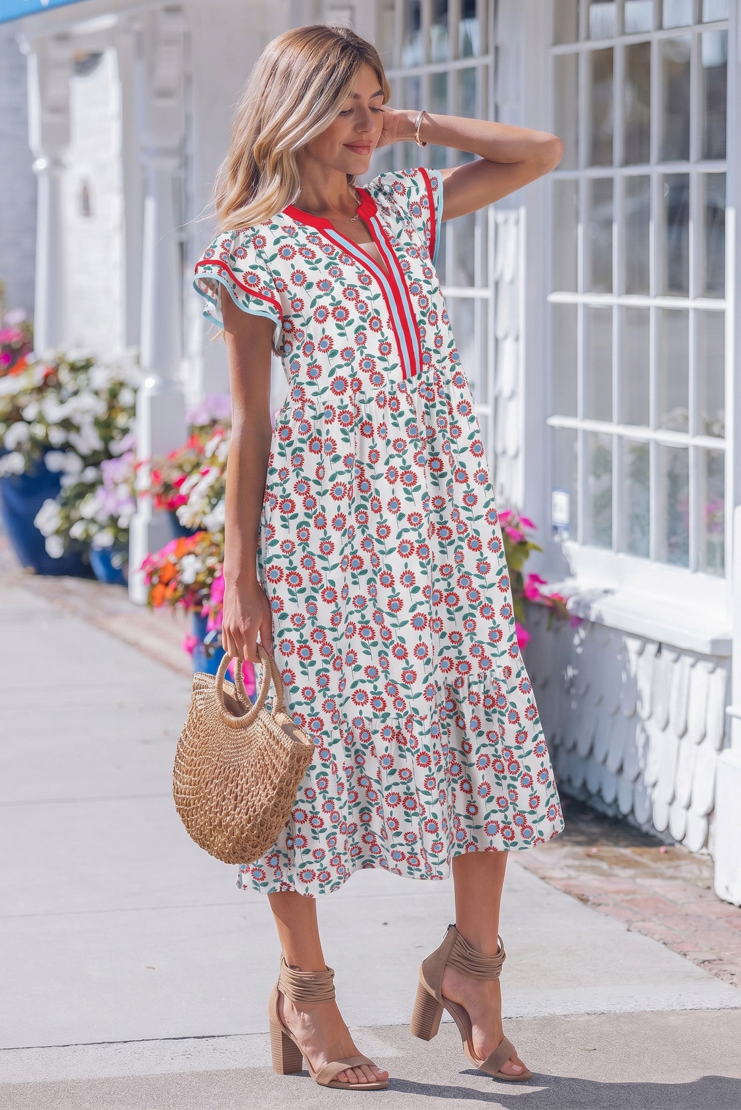 Sky Blue Cute Sunflower Printed Striped Patchwork Trim Flutter Sleeve Long Dress