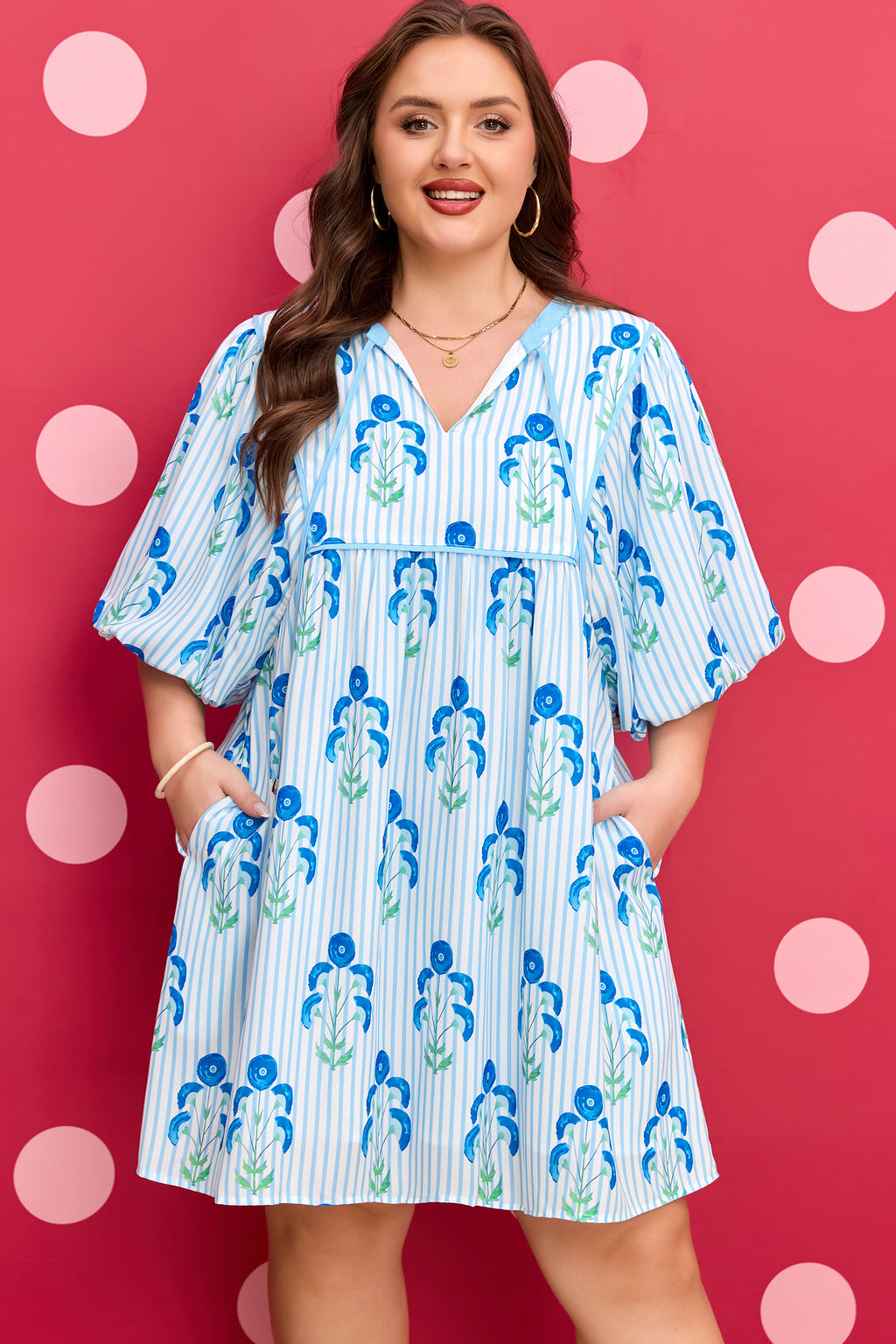 Sky Blue Floral Striped Bubble Short Sleeve Plus Size Dress