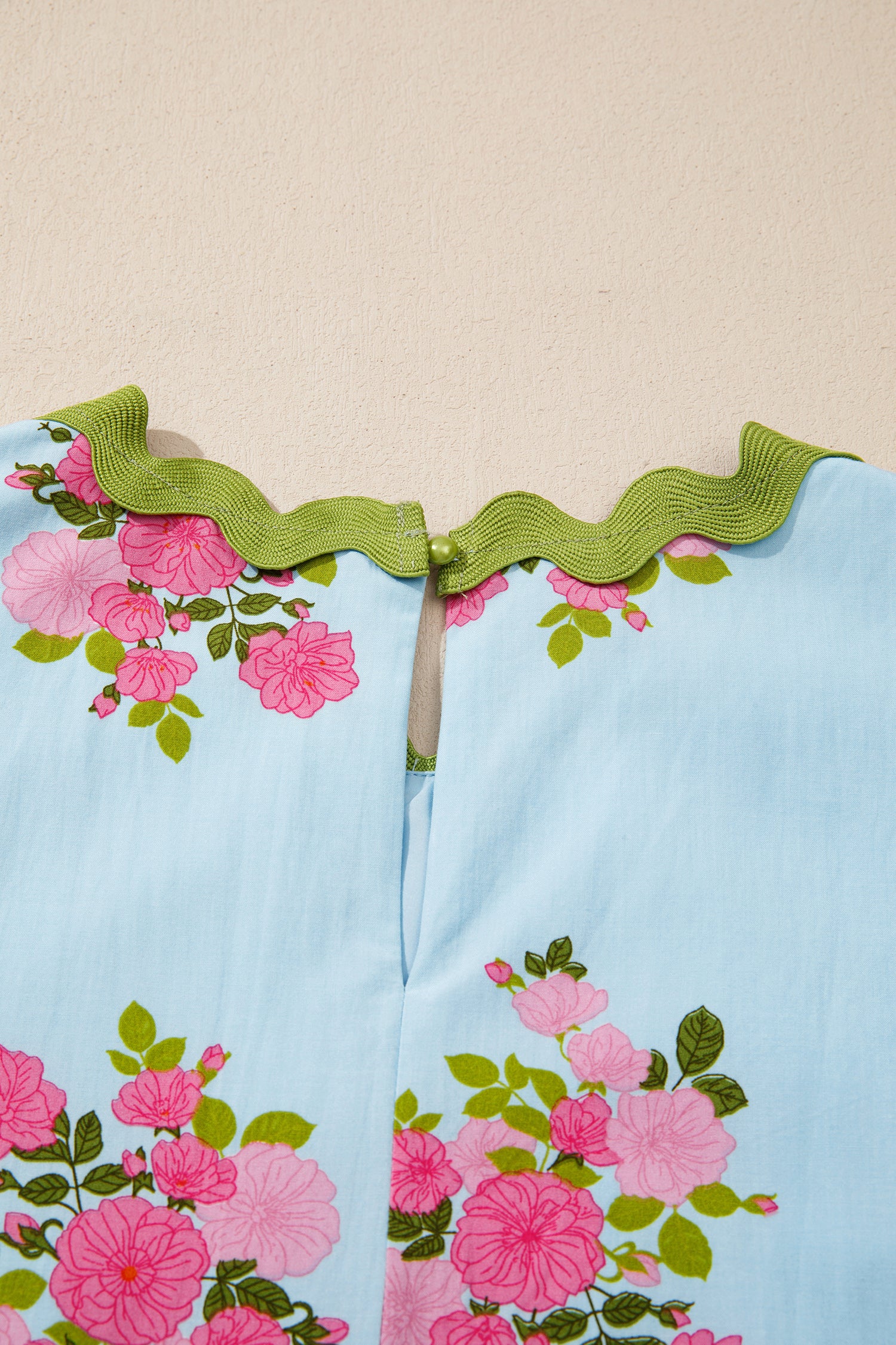 Sky Blue Floral Printed Contrast Ricrac Detail Bubble Sleeve Dress