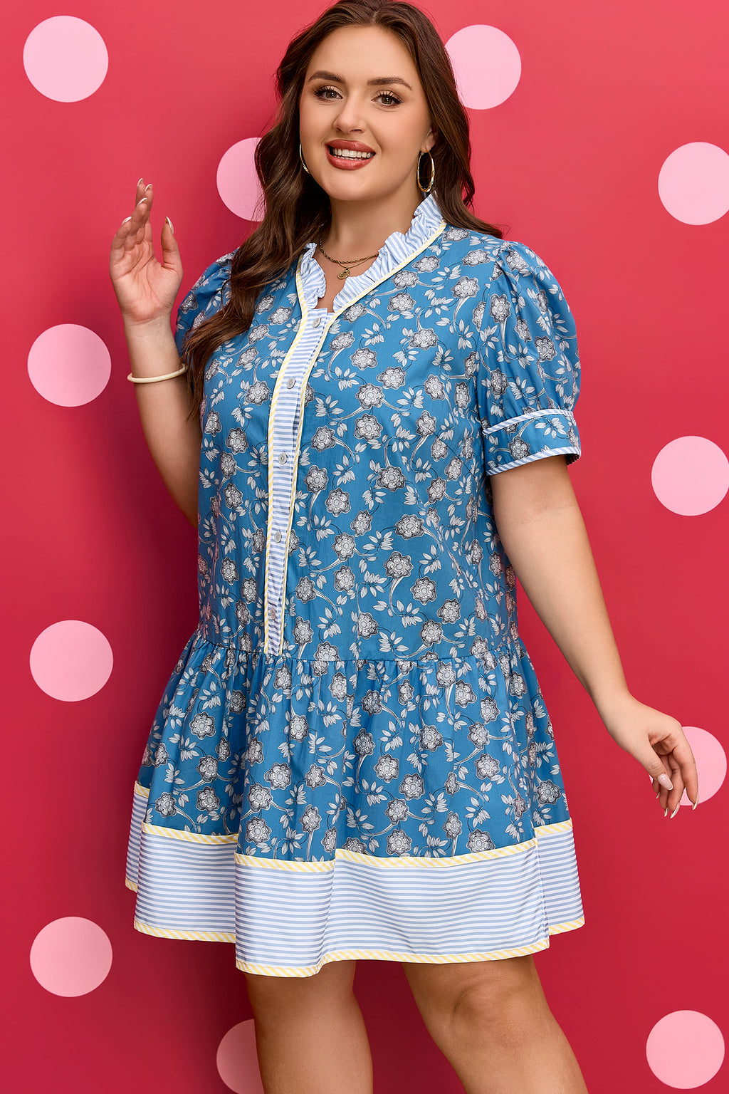 Blue Plus Size Floral Print Striped Patchwork Detail Button Front Ruffle Hem Dress