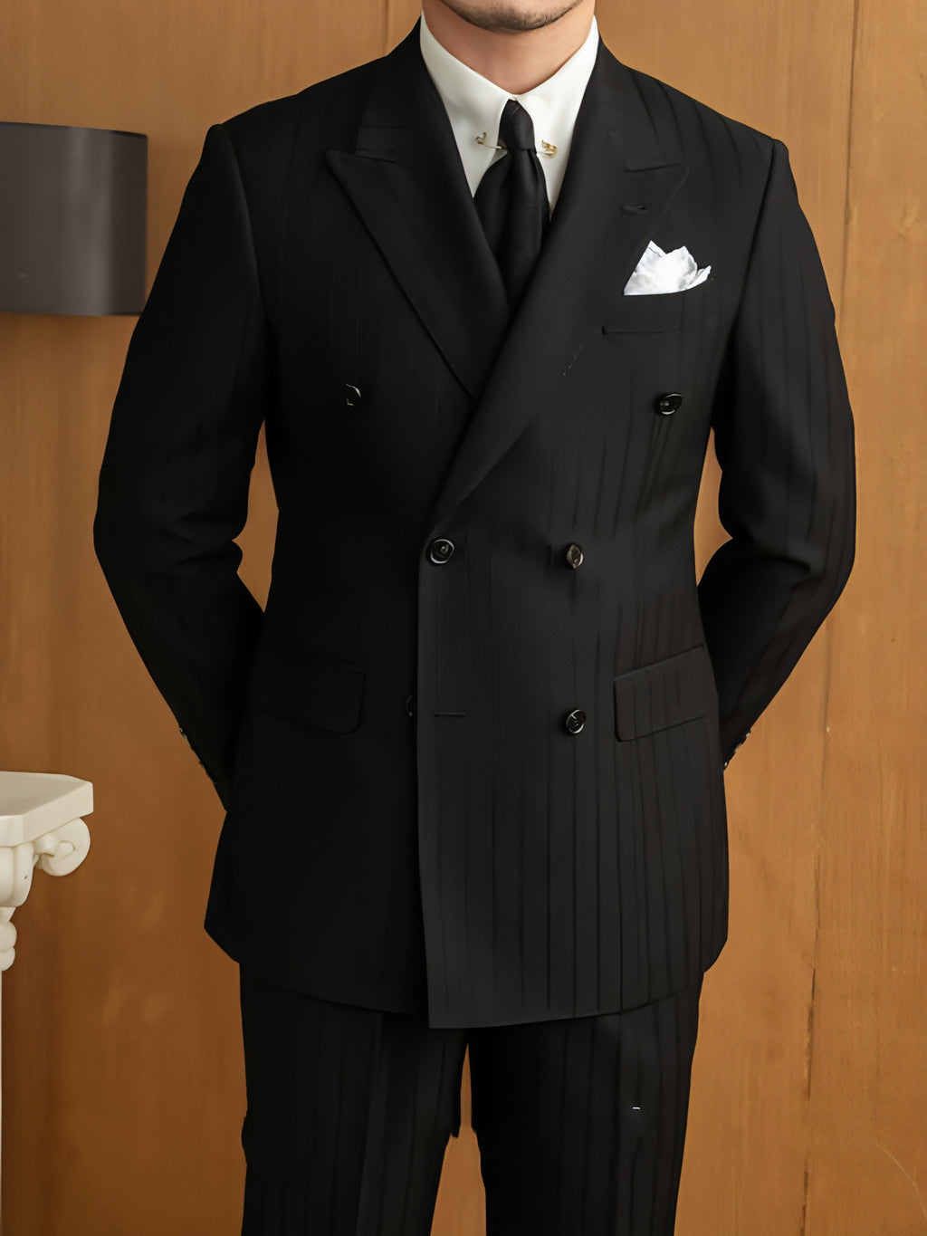 VestraForm™ – Handsome Black Double-Breasted Pinstripe Suit (2 Piece Set)