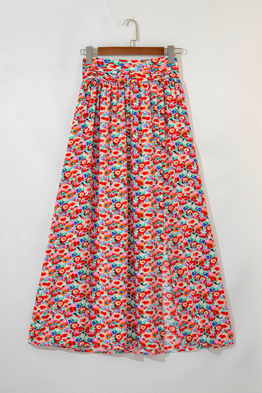 Red Floral Print Wide Band Band Slit Maxi Salia