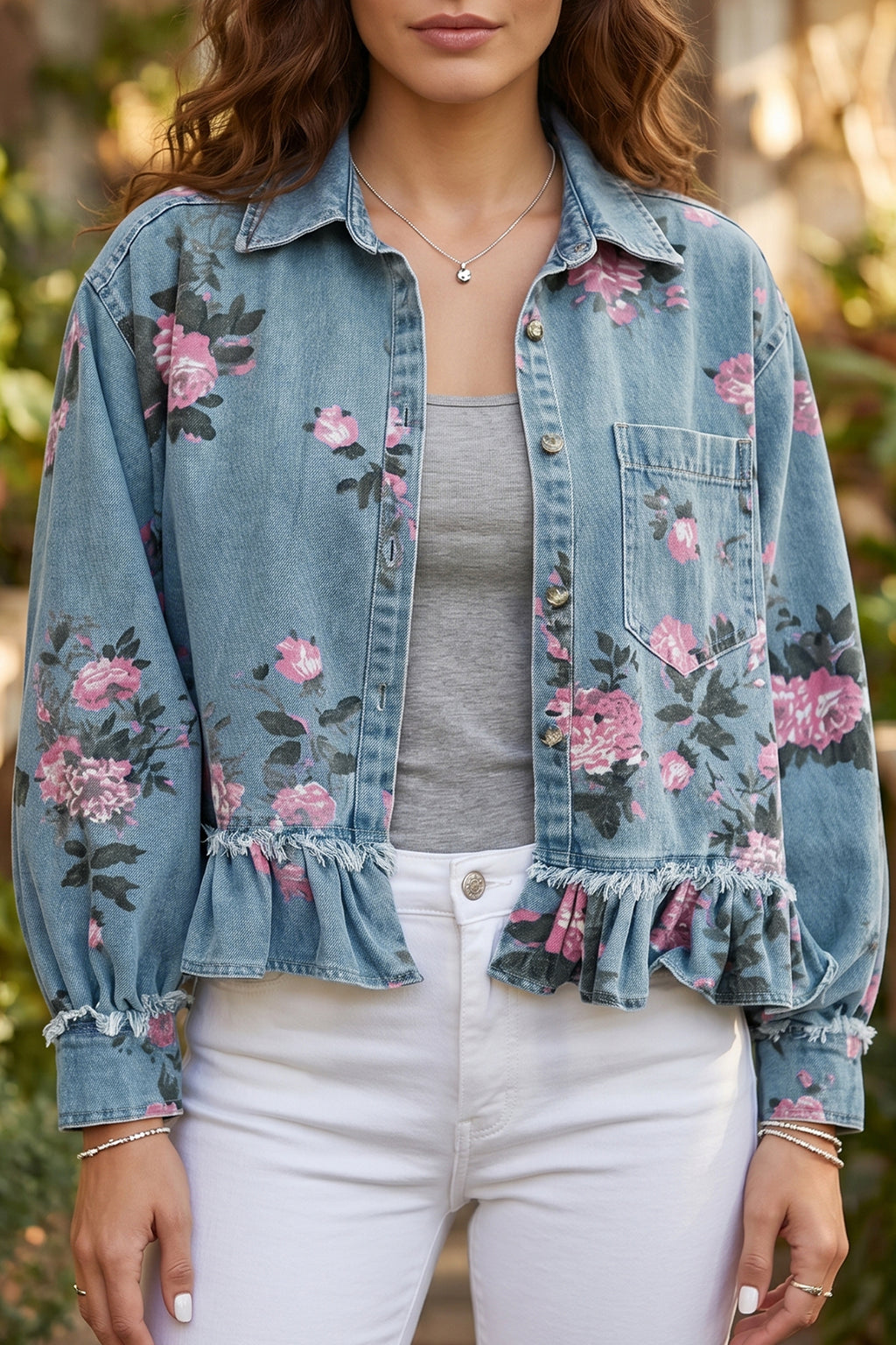 Sky Blue Floral Print Raw Seam Ruffle Hem Denim Jacket