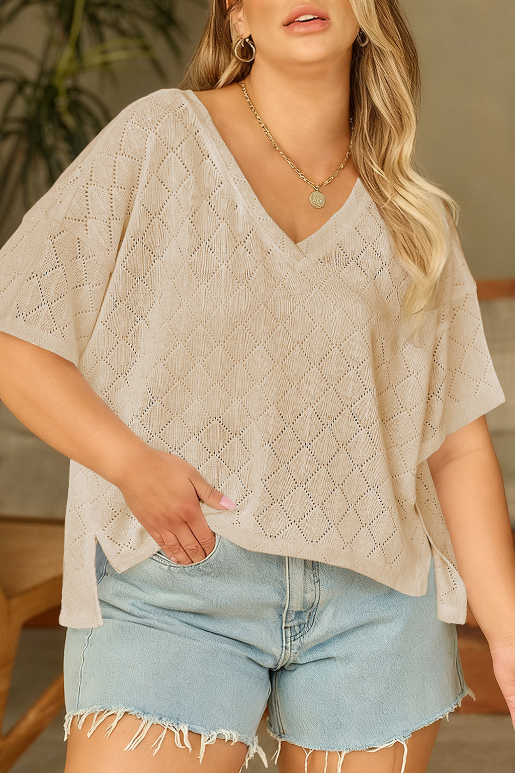 Golden Fleece Pointelle Rhombus Knit Plus Size V Neck Loose Top