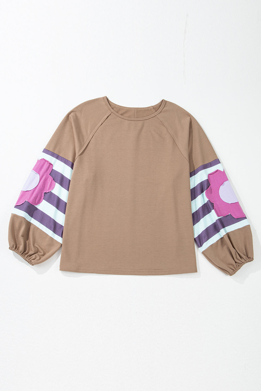 Light French Beige Plus Size Flower Striped Patchwork Puff Sleeve Loose Sweatshirt